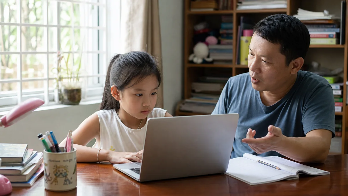 Người cha ngồi bên và trò chuyện khi con gái tự làm việc trên máy tính