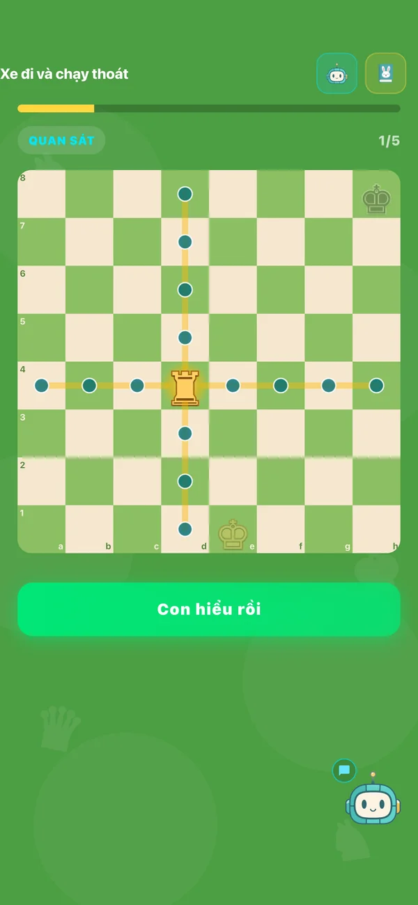 The card Rook goes and escapes: Rook on square d4, the green dots on row 4 and column d indicate the squares Rook can move