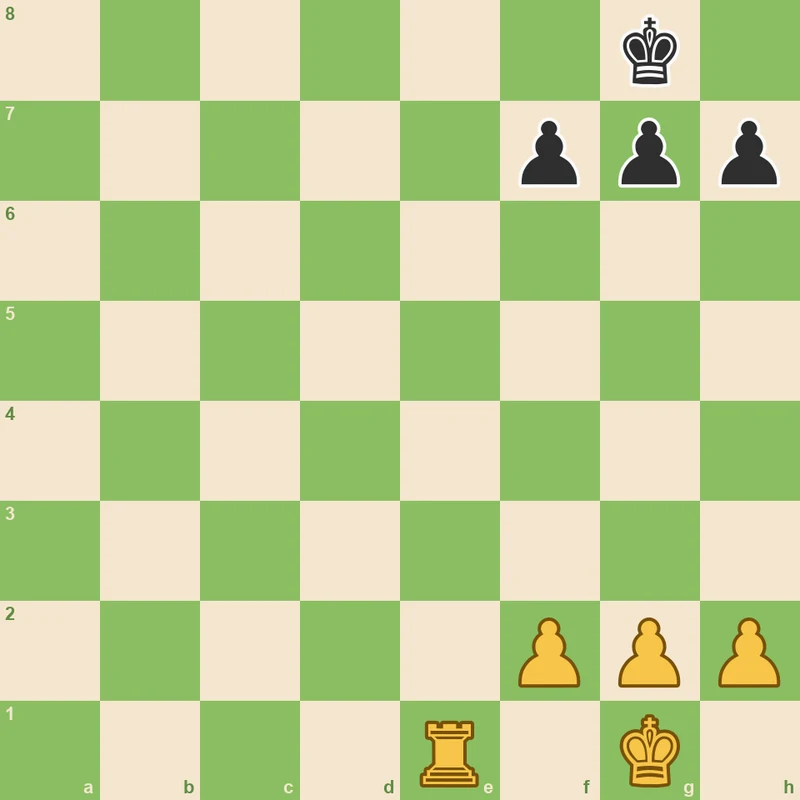 연습 1: 백은 킹 g1, 루크 e1, 폰 f2 g2 h2를 갖습니다. 검정색에는 킹 g8, 폰 f7 g7 h7이 있습니다. 백이 갑니다