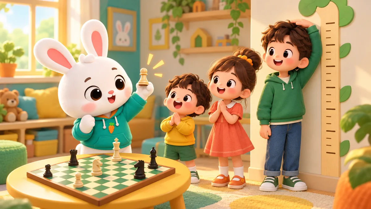Illustration of children of different ages playing chess together