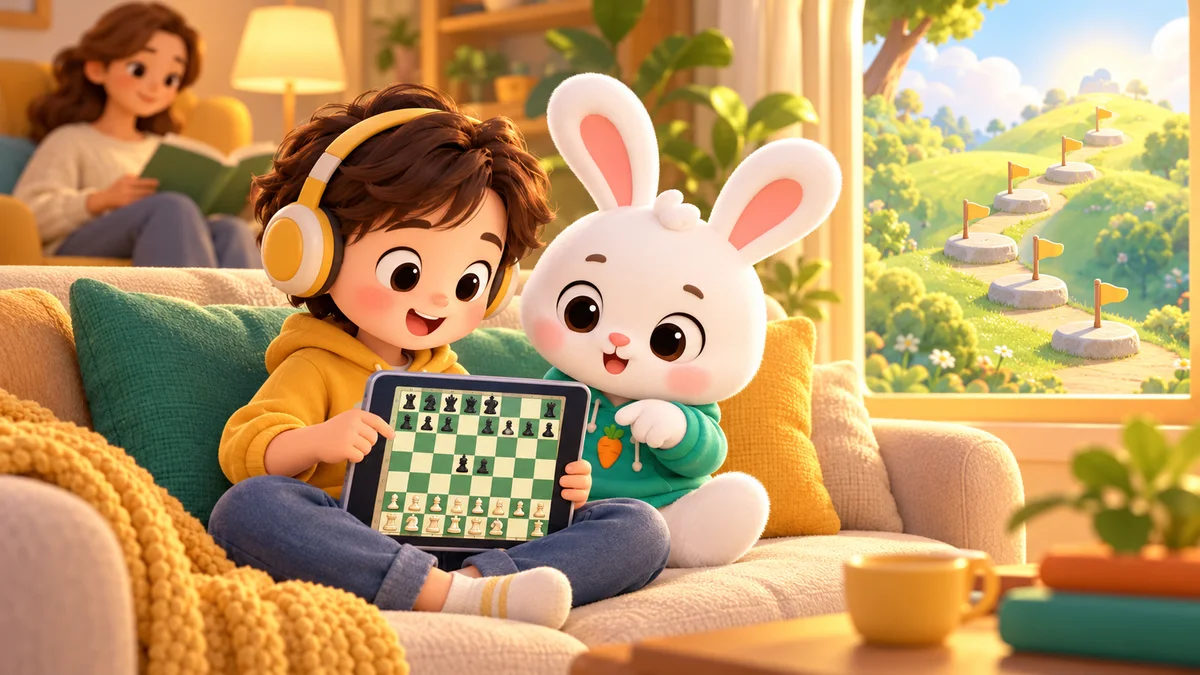 Bé ngồi bên bàn cờ ở nhà, cha mẹ ngồi cạnh quan sát