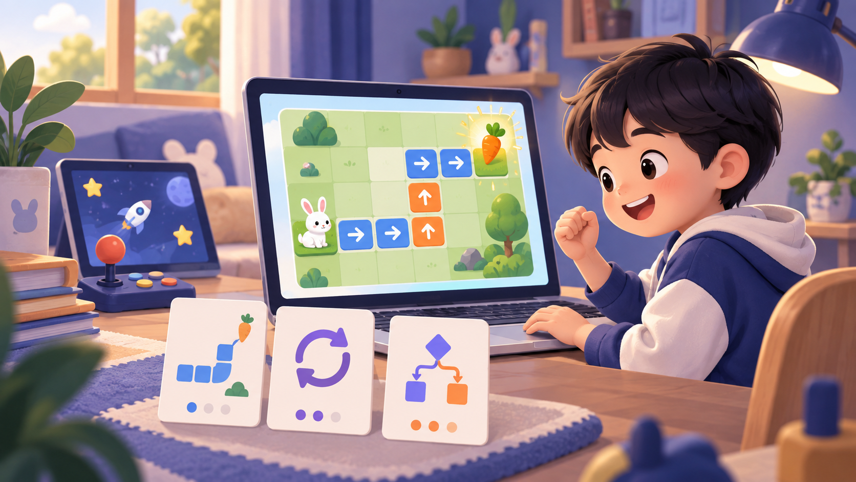 Bé giải một thử thách lập trình kéo thả có mục tiêu rõ ràng