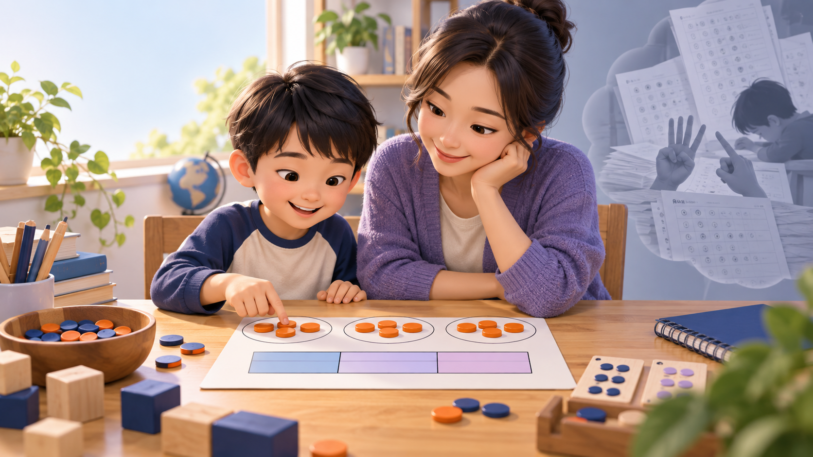 Bé dùng đồ vật và sơ đồ để hiểu một bài toán cùng phụ huynh