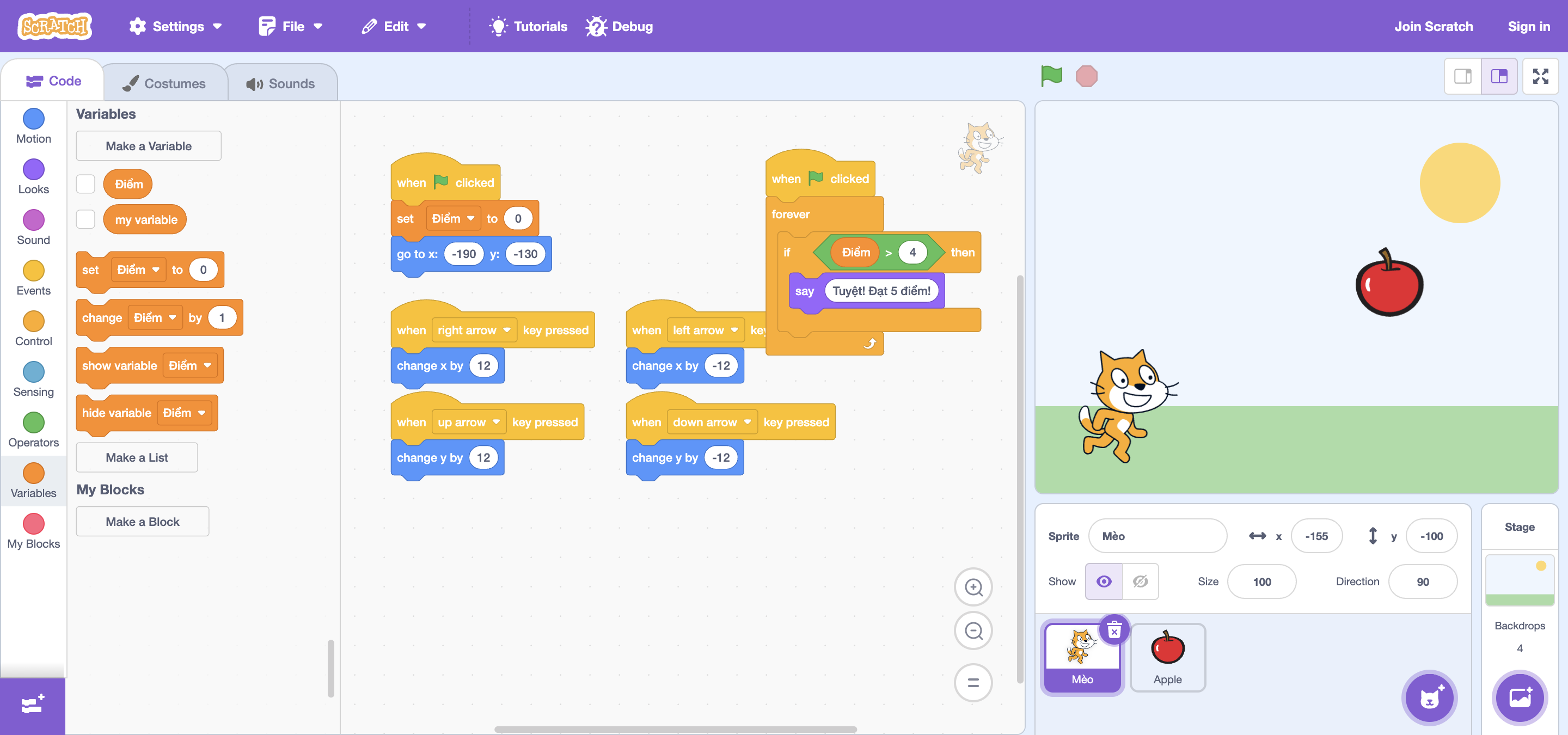 Remix the apple game by changing the win target from 10 to 5 points.