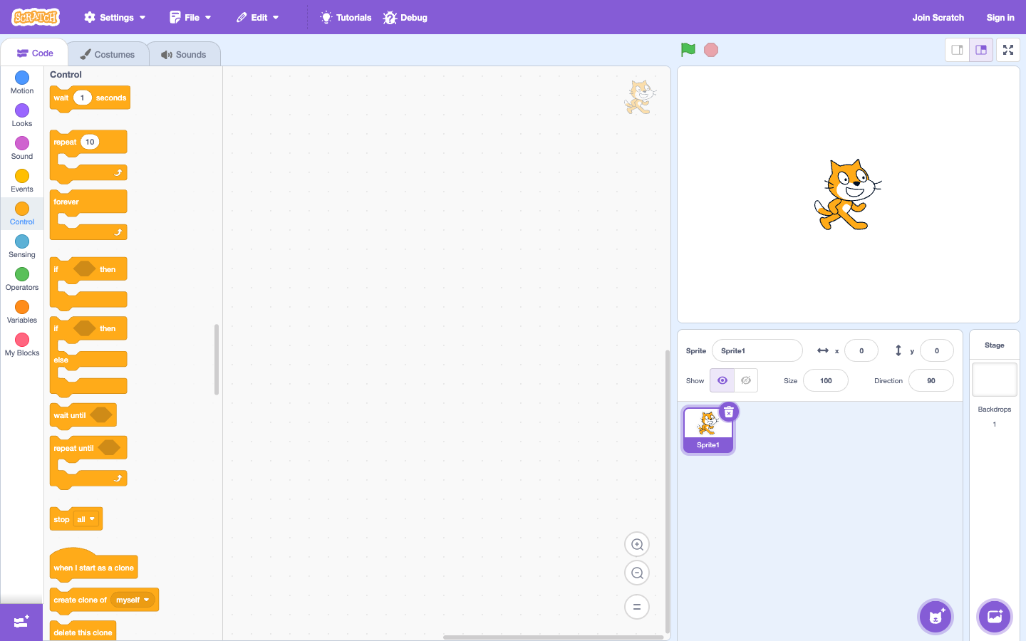 Scratch Editor เปิดกลุ่มบล็อกควบคุมด้วยการทำซ้ำ ตลอดไป และถ้าเป็นเช่นนั้น