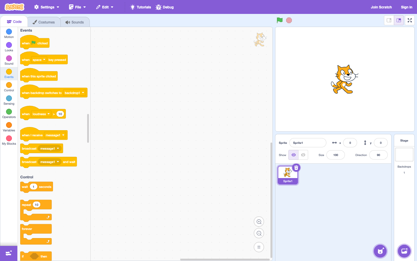 Scratch 编辑器正在打开事件块组，其中单击绿旗时的块