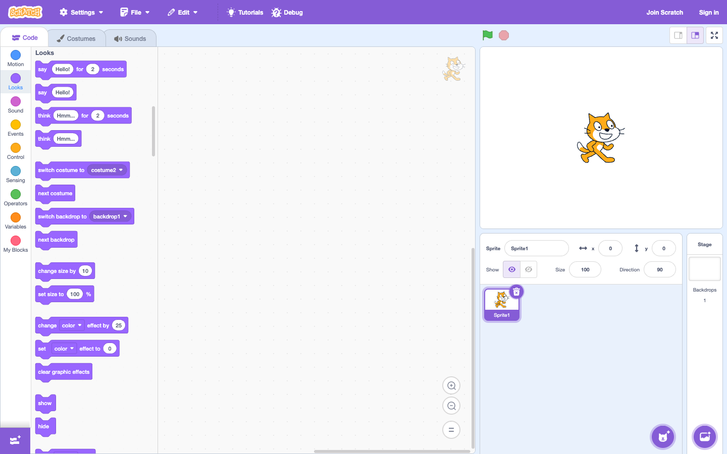 Scratch Editor với nhóm block Looks để đổi trang phục và lời thoại