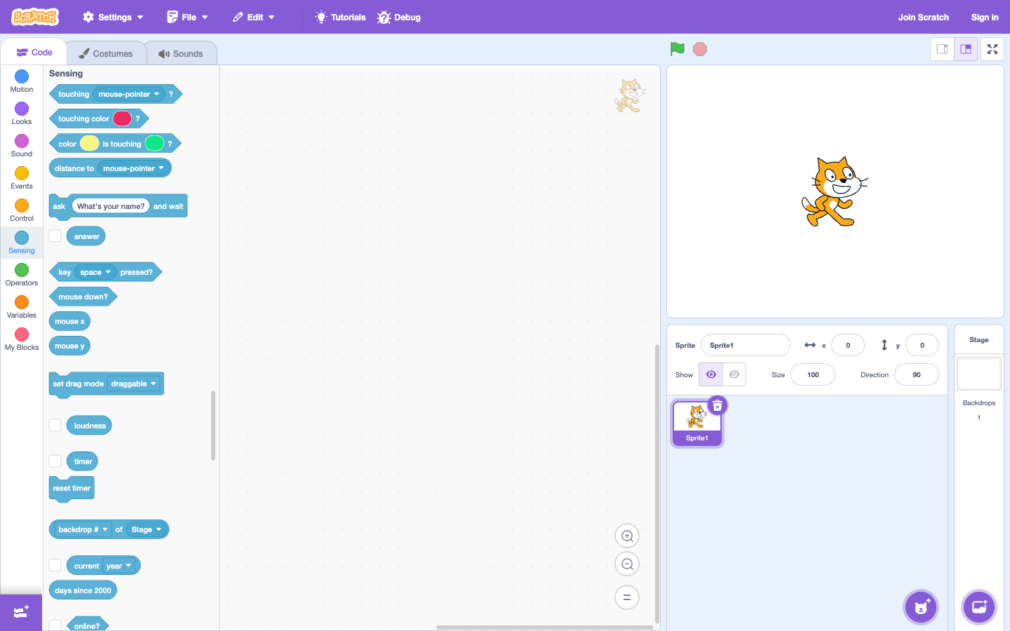 Scratch Editor opens the Sensing block group to detect key presses and collisions