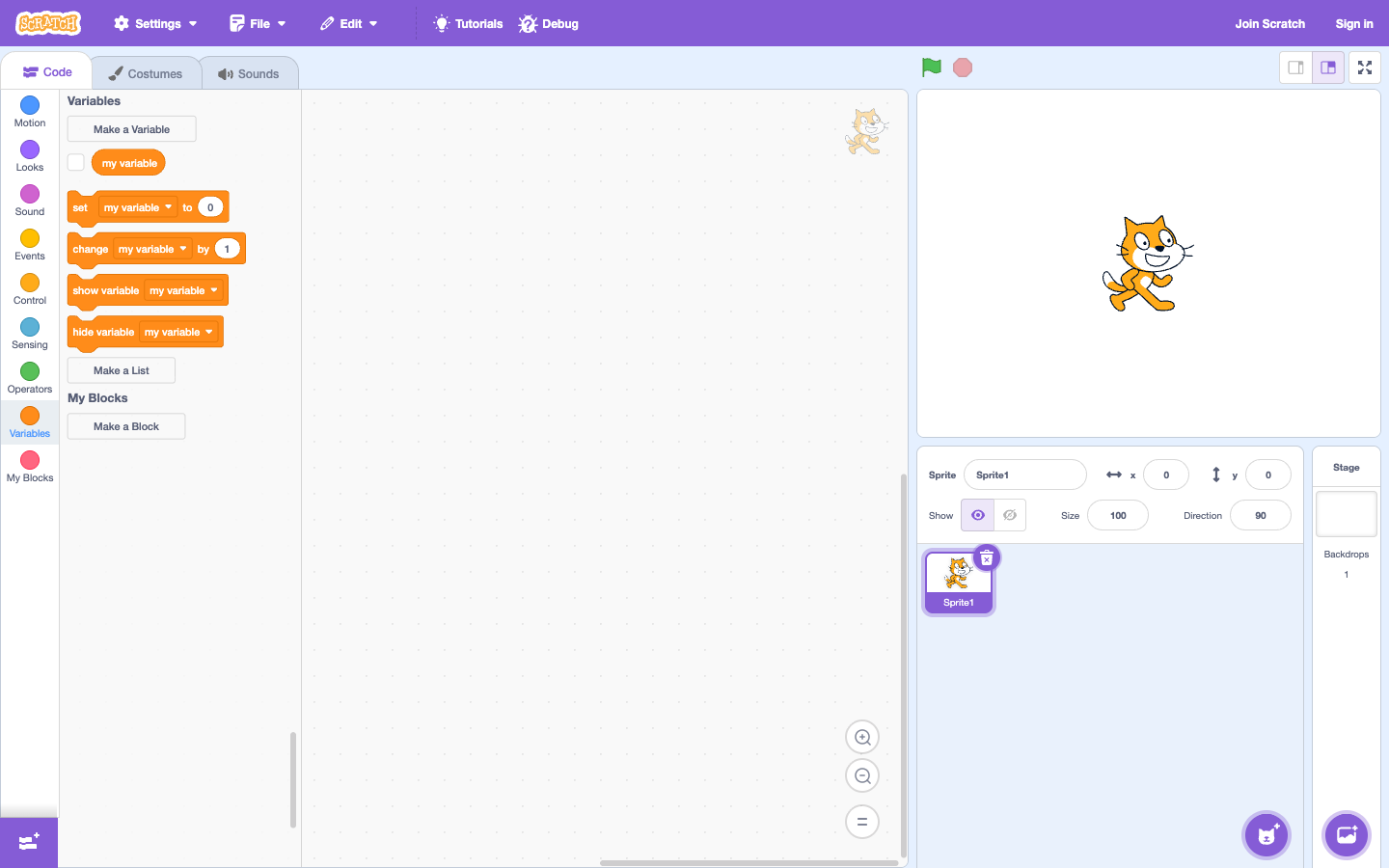 Scratch Editor mở nhóm block Variables với nút tạo biến mới