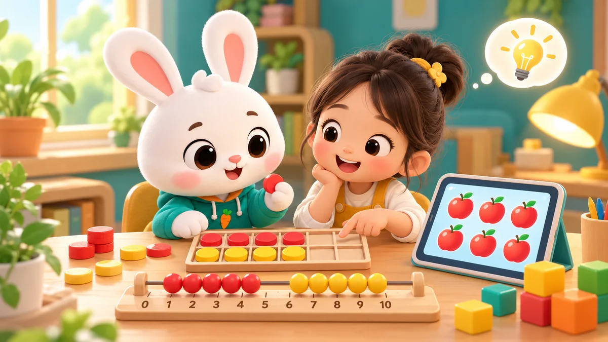 イラストThỏ Bông と、そろばん、数字皿、タブレットの横で数え方を学ぶ少女