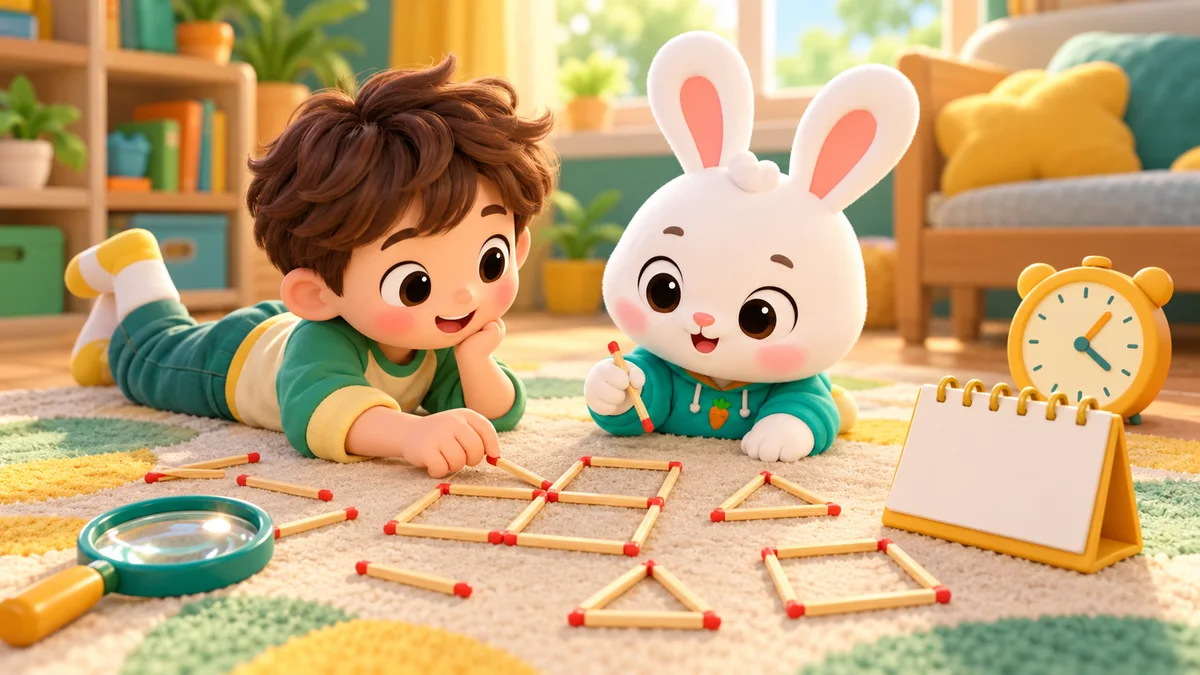 2 年生の子供たちは、テーブルの上にはしご状の立方体と三角形を使って暗算の問題を解きます。