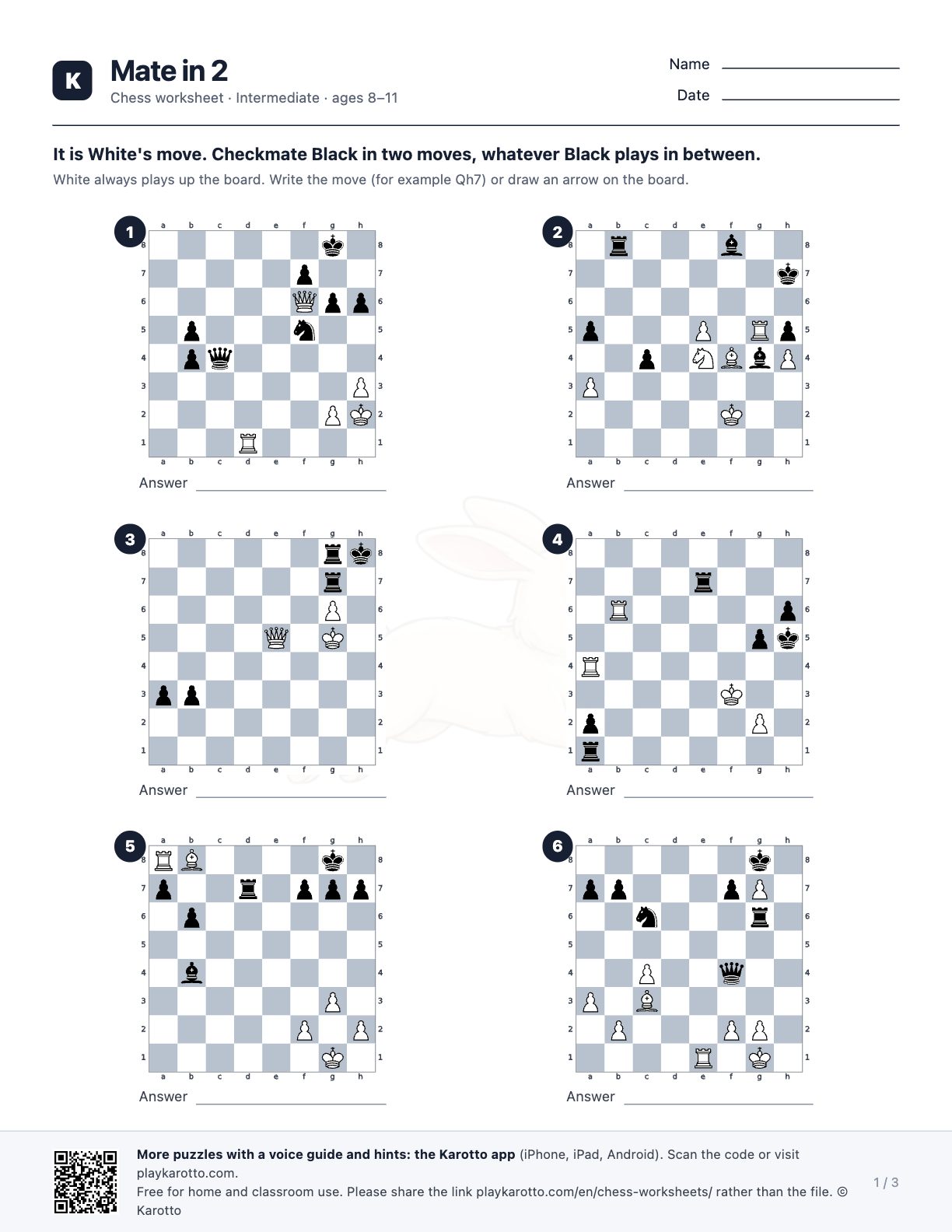 Page 1 of the Mate in 2 chess worksheet: six puzzle diagrams with answer lines