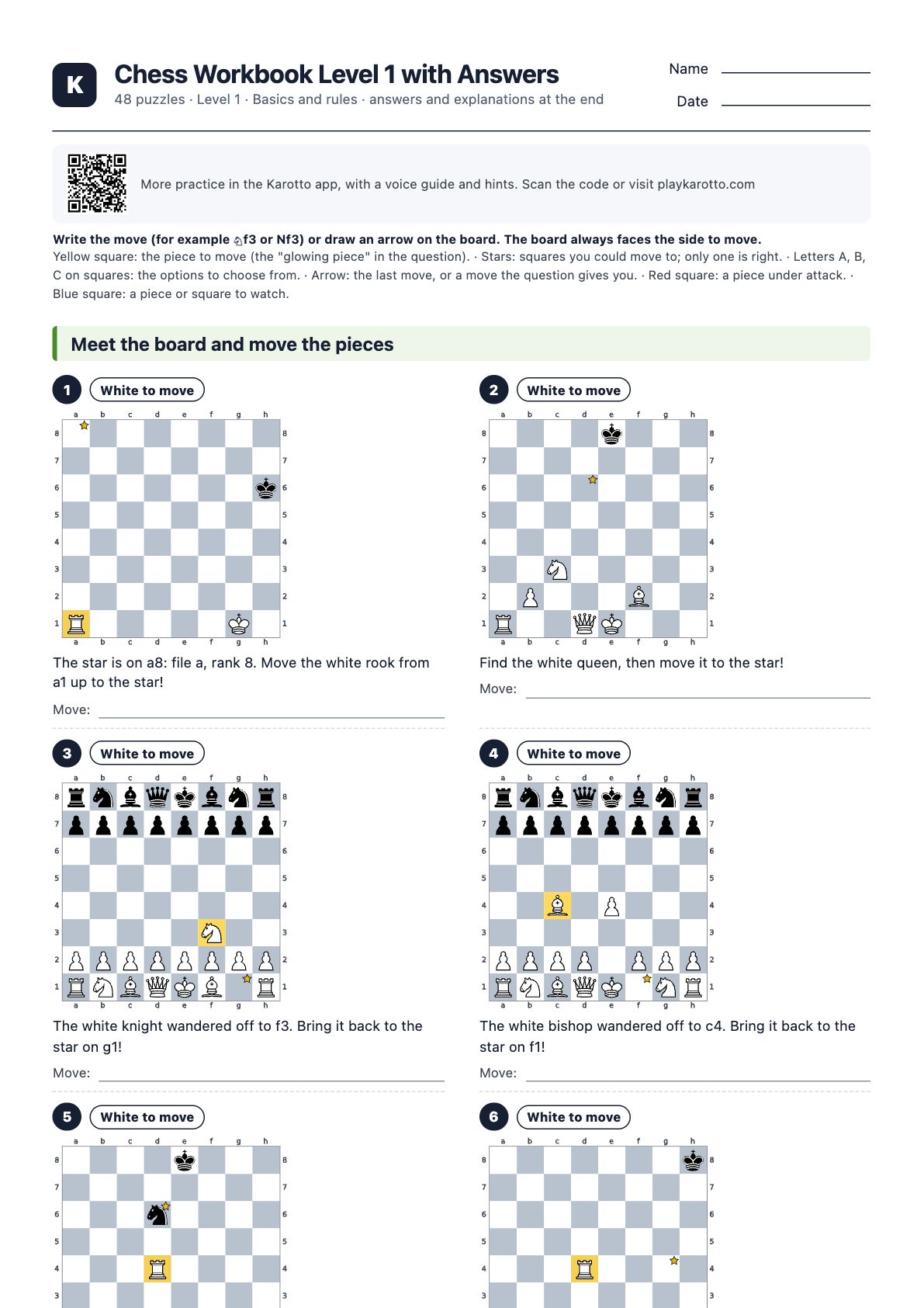 First page of the PDF Chess Workbook Level 1 with Answers