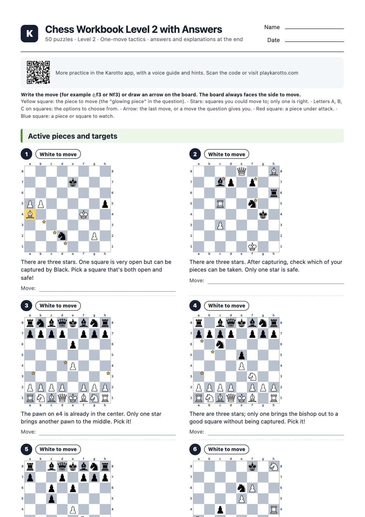 First page of the PDF Chess Workbook Level 2 with Answers