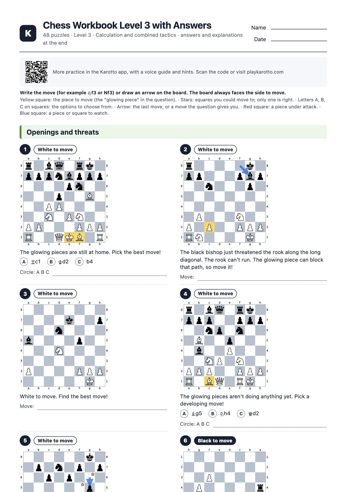 First page of the PDF Chess Workbook Level 3 with Answers