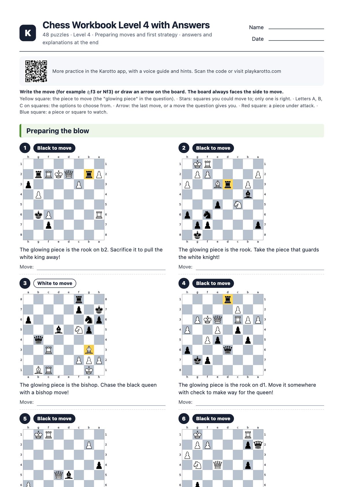 First page of the PDF Chess Workbook Level 4 with Answers