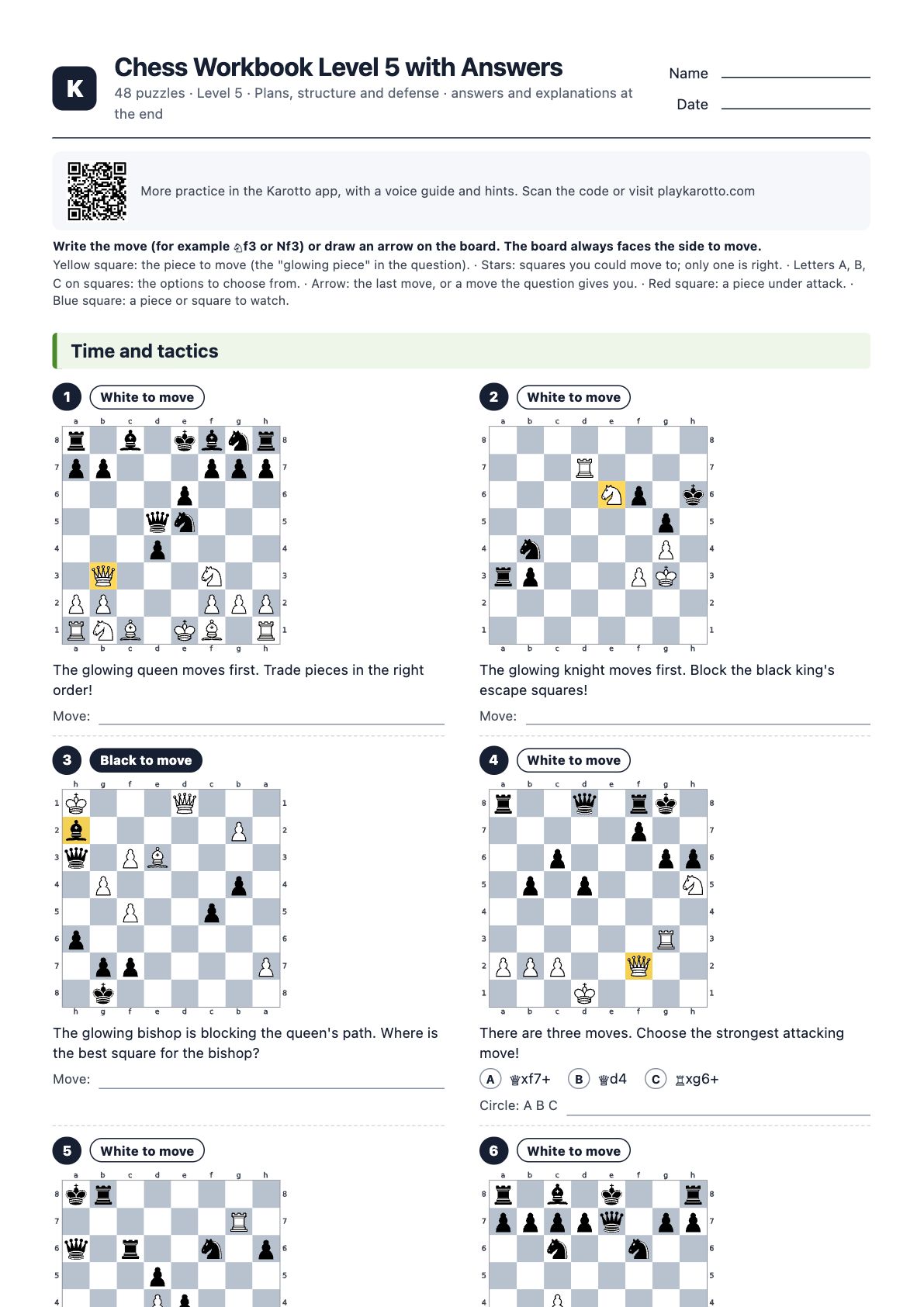 First page of the PDF Chess Workbook Level 5 with Answers