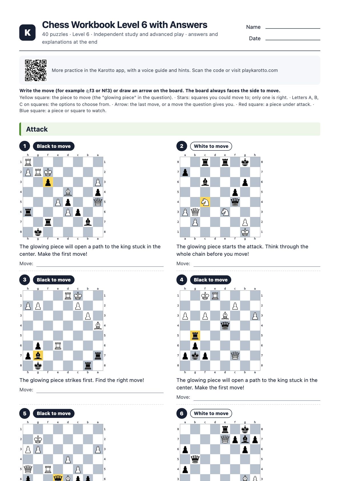 First page of the PDF Chess Workbook Level 6 with Answers