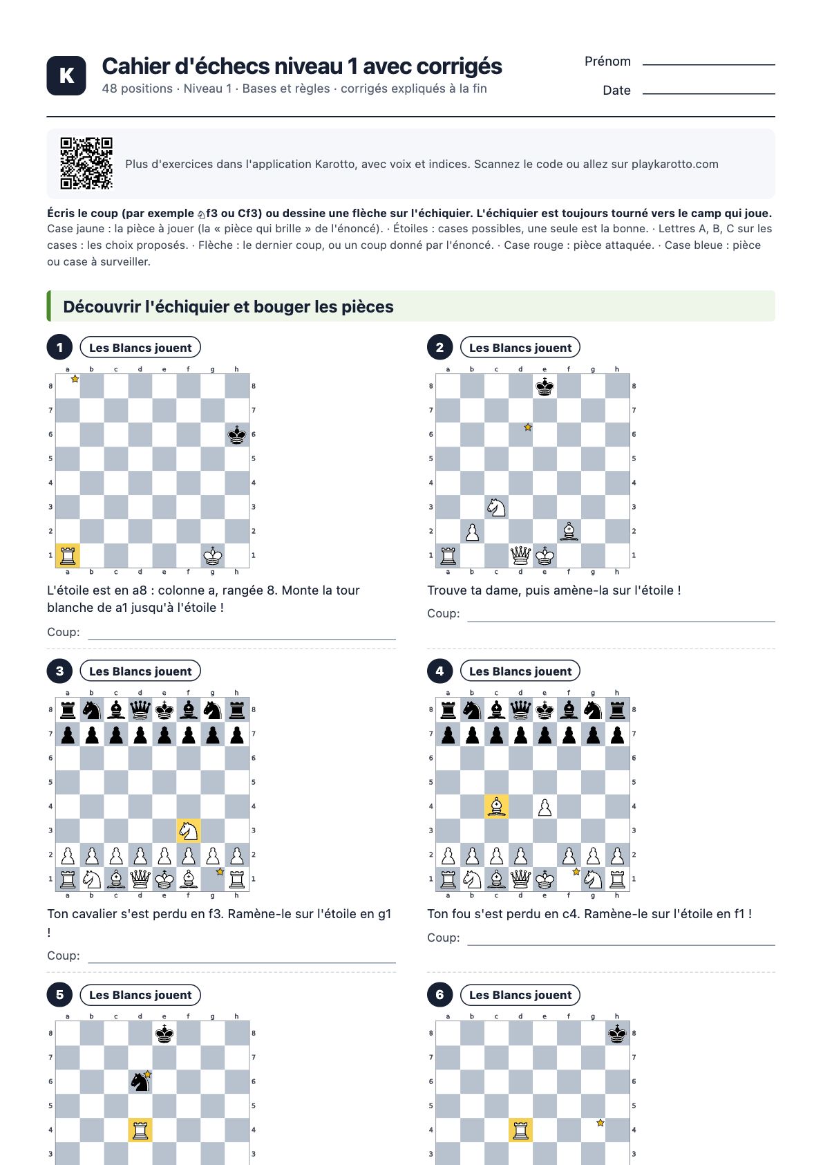 Première page du PDF Cahier d'échecs niveau 1 avec corrigés