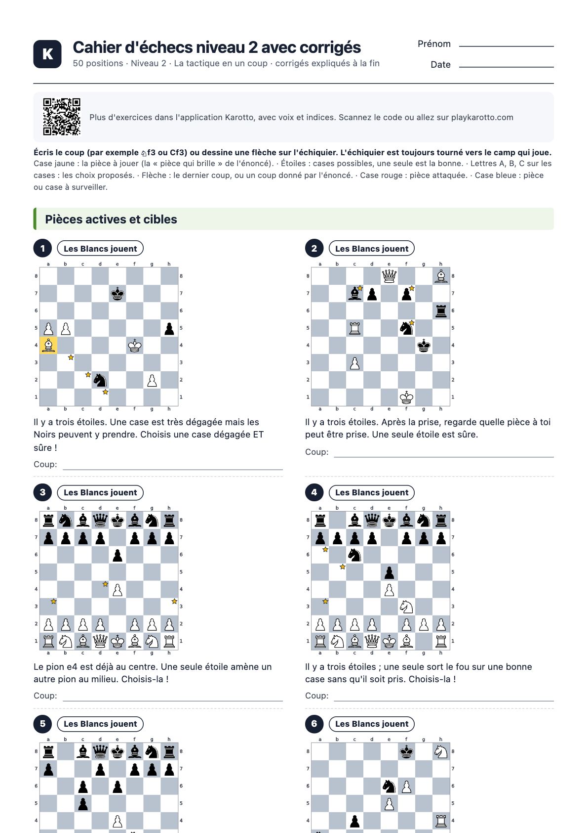 Première page du PDF Cahier d'échecs niveau 2 avec corrigés