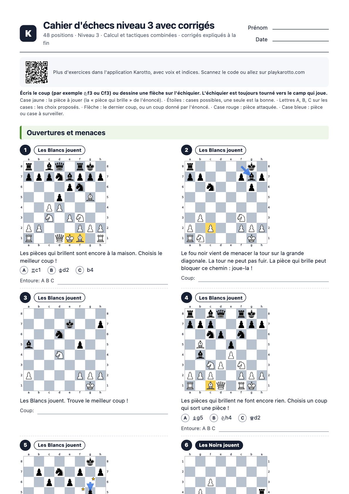 Première page du PDF Cahier d'échecs niveau 3 avec corrigés