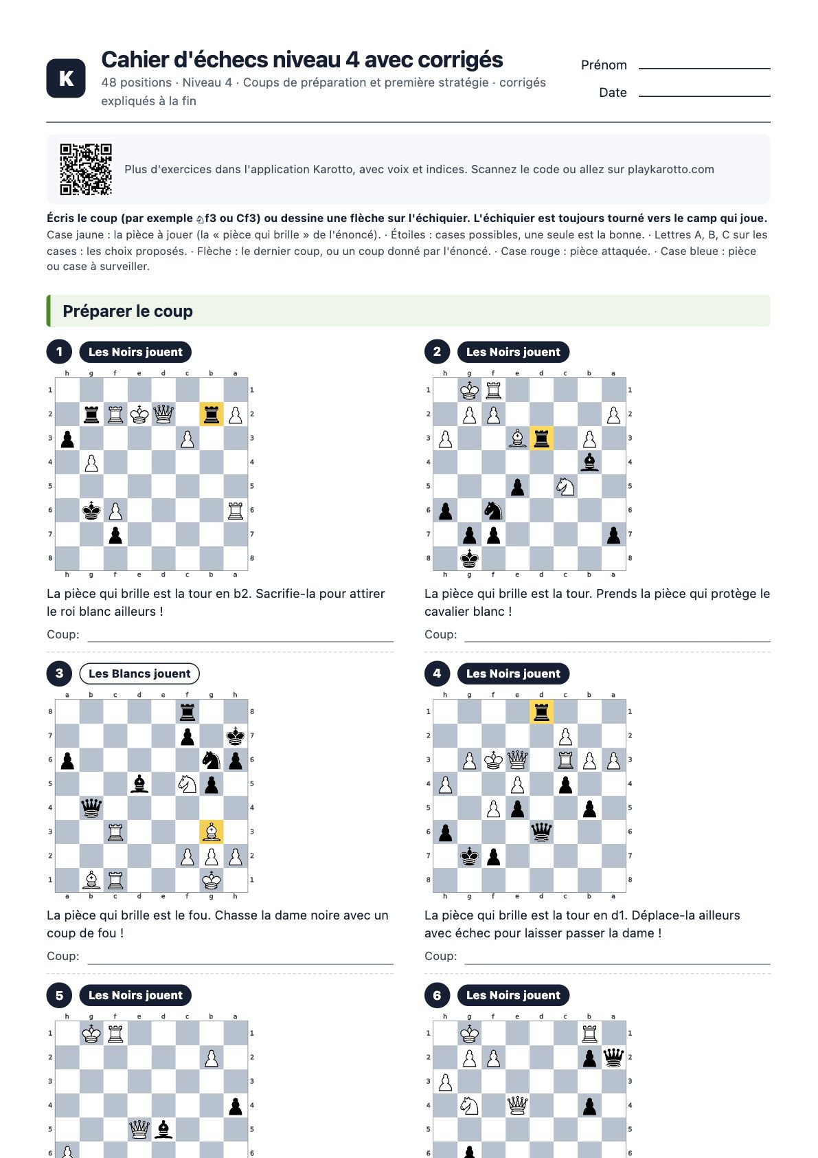 Première page du PDF Cahier d'échecs niveau 4 avec corrigés