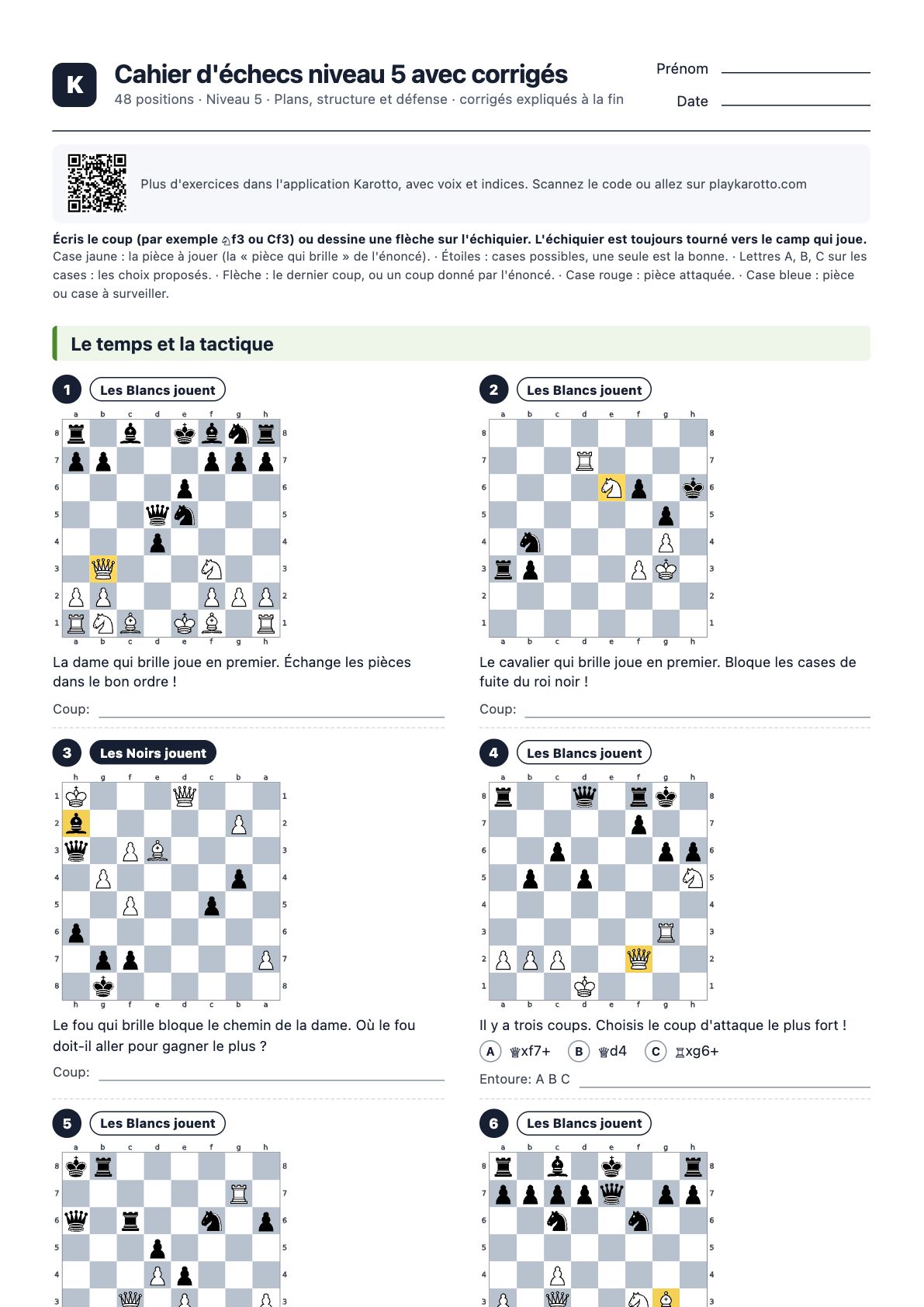 Première page du PDF Cahier d'échecs niveau 5 avec corrigés