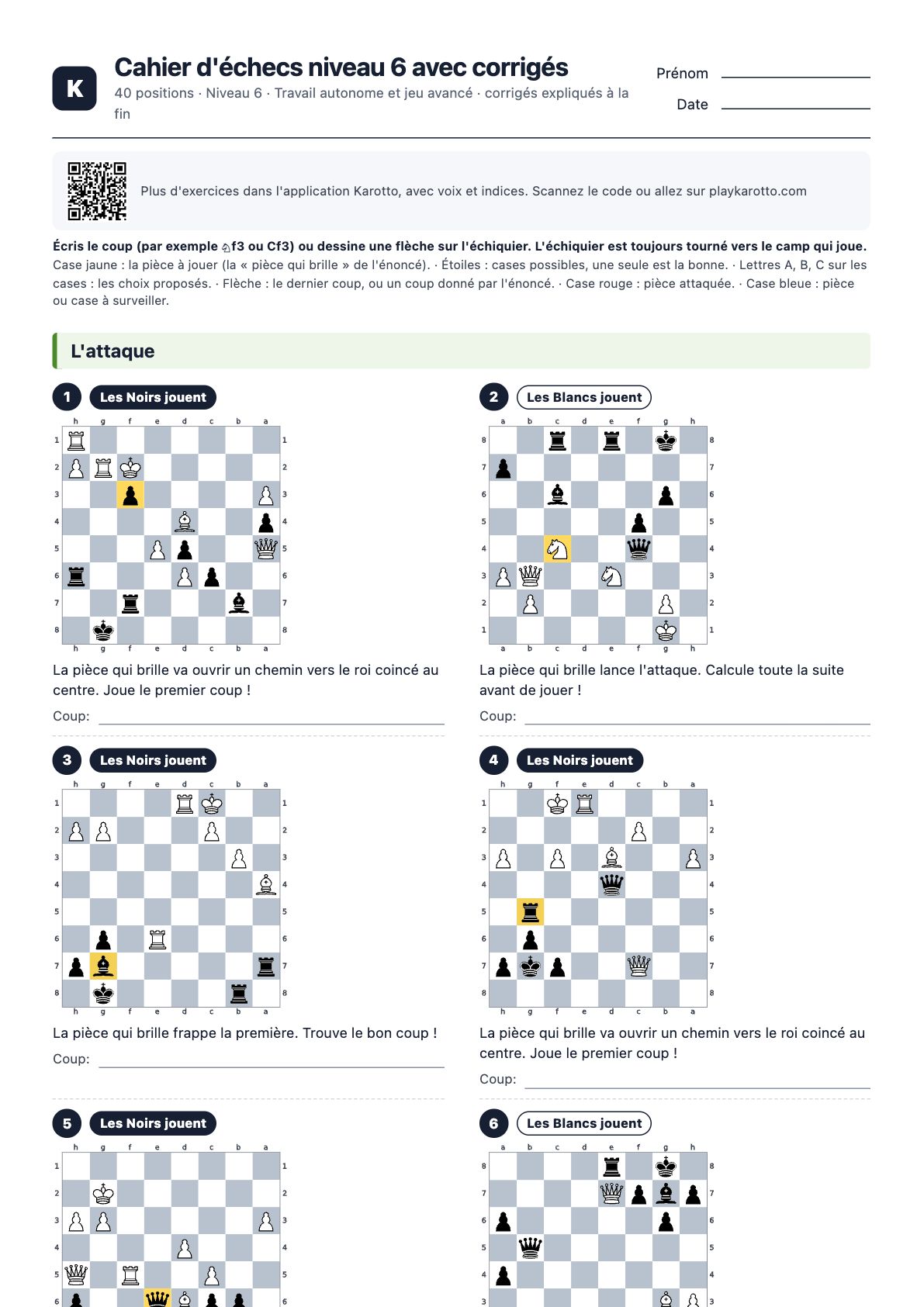 Première page du PDF Cahier d'échecs niveau 6 avec corrigés