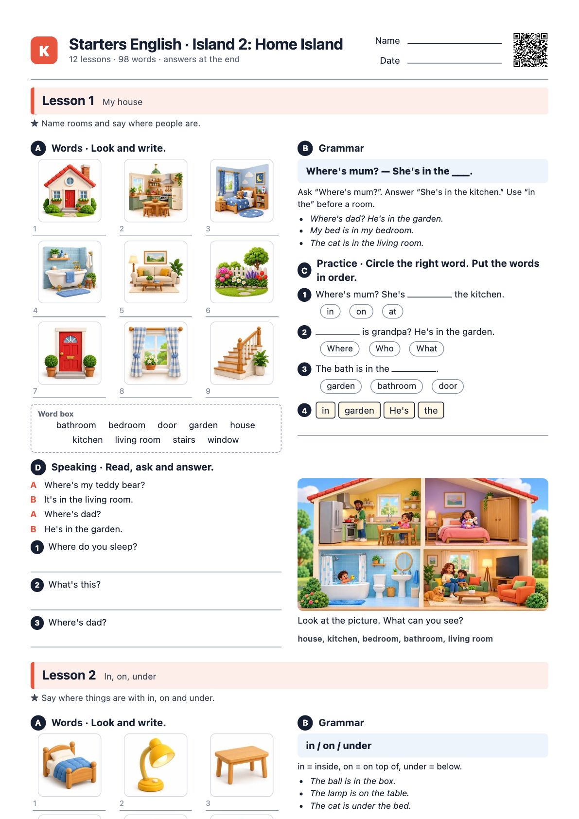 First page of the PDF Starters English · Island 2: Home Island