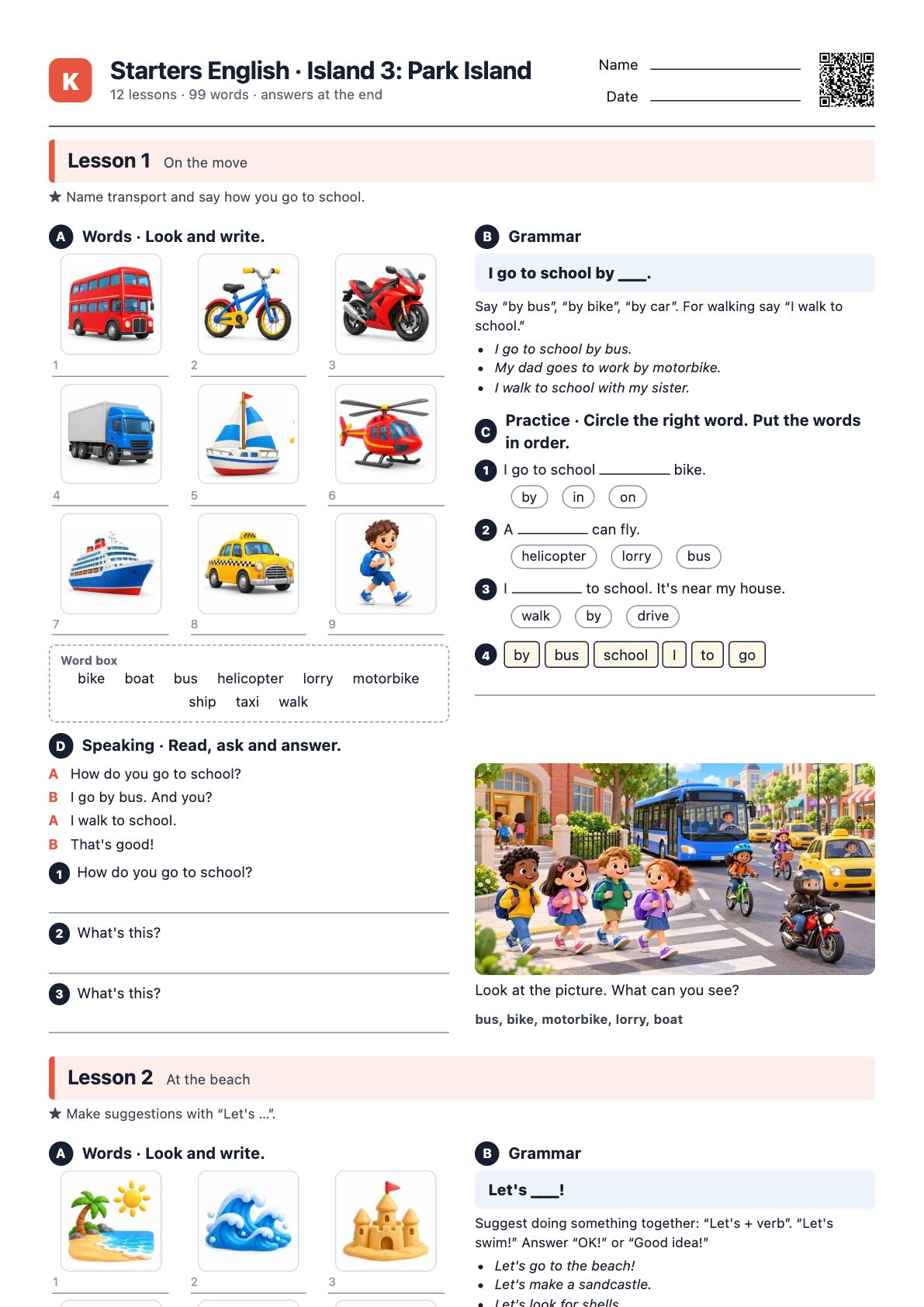 First page of the PDF Starters English · Island 3: Park Island