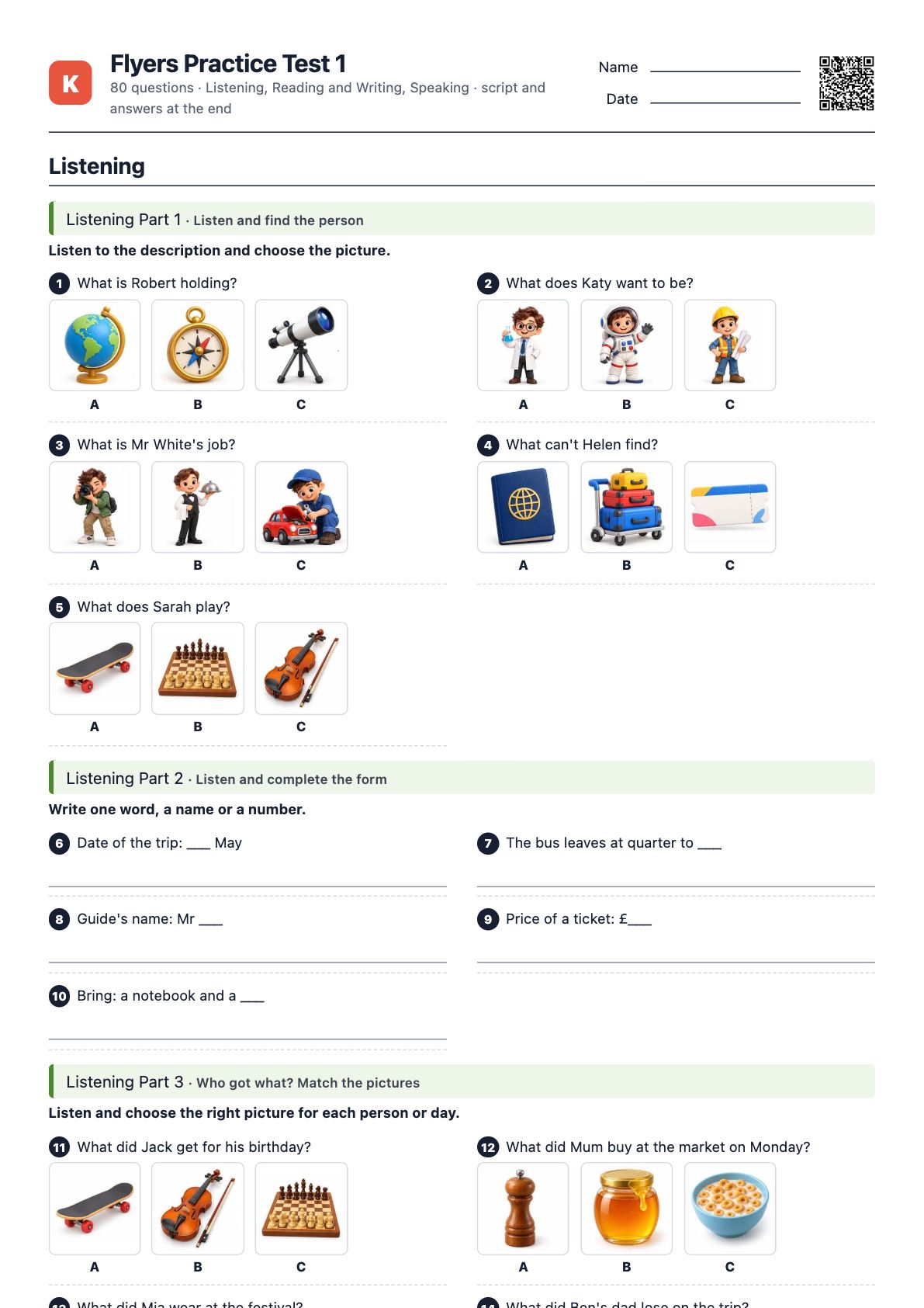 First page of the PDF Flyers Practice Test 1