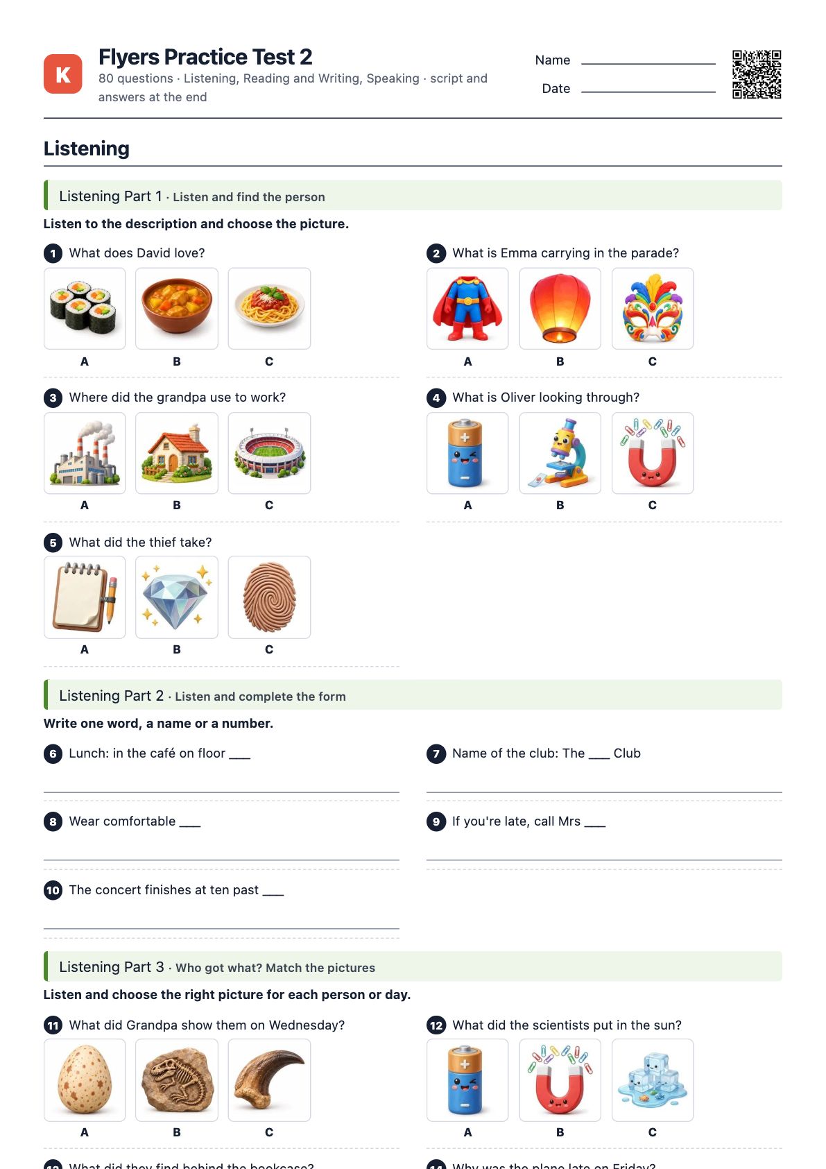 First page of the PDF Flyers Practice Test 2