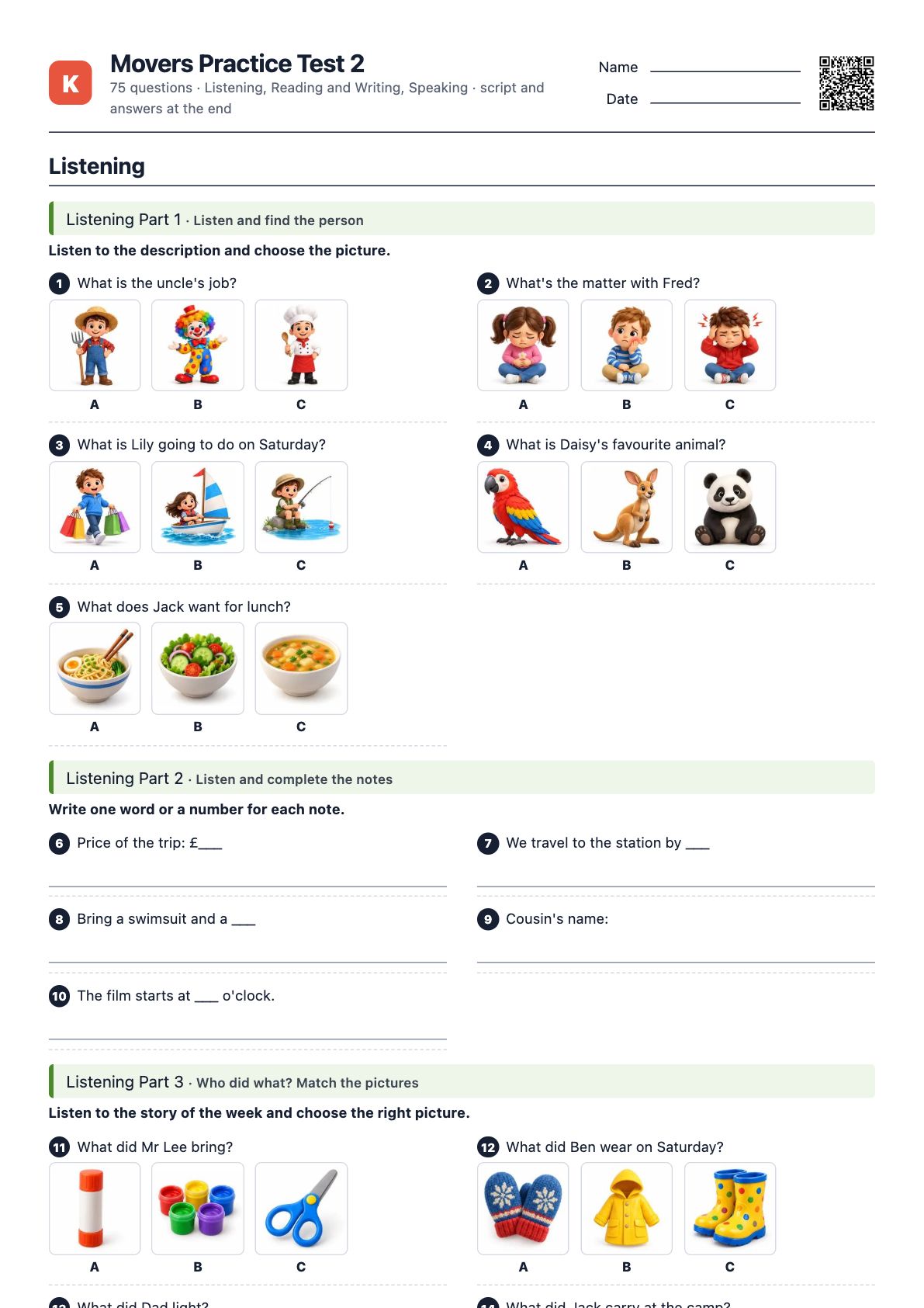 First page of the PDF Movers Practice Test 2