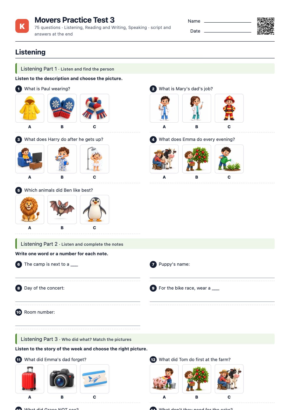 First page of the PDF Movers Practice Test 3