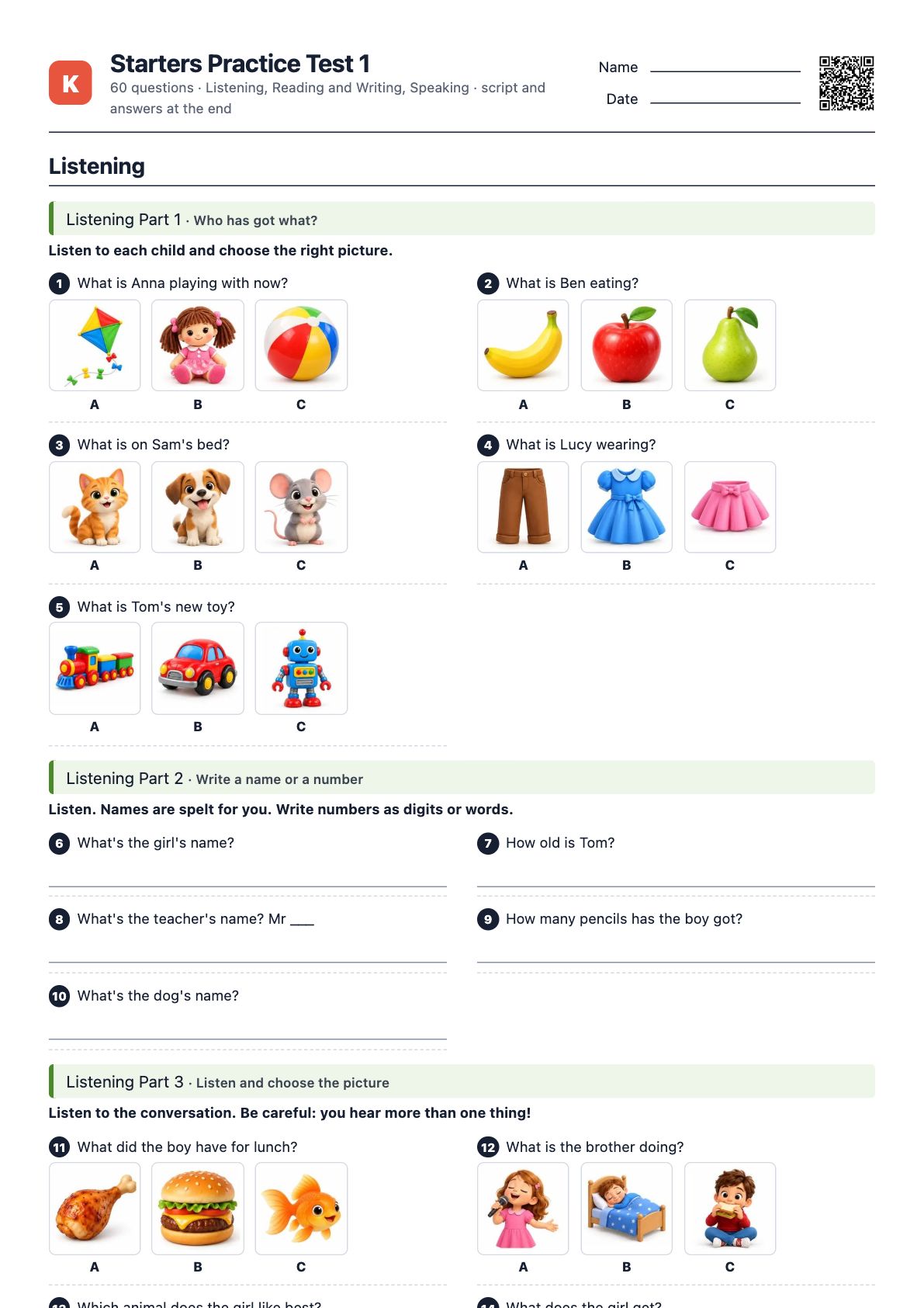 First page of the PDF Starters Practice Test 1