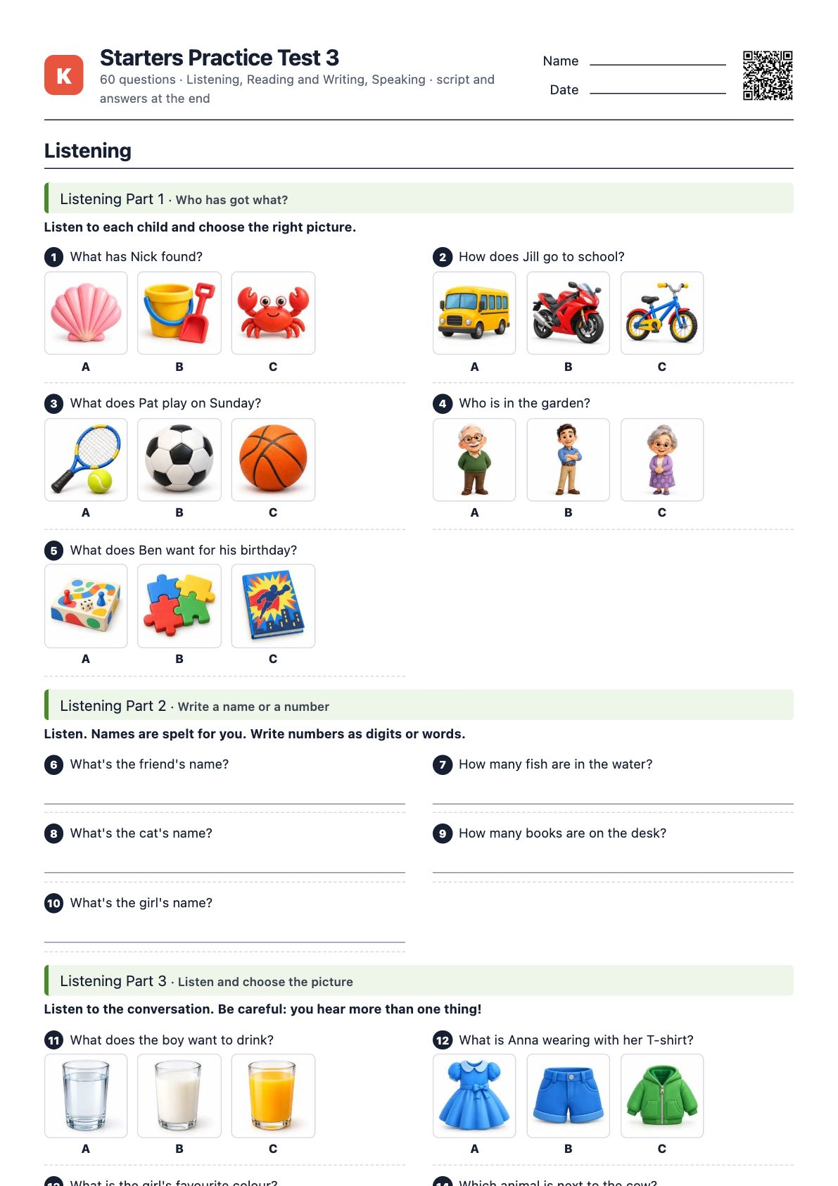 First page of the PDF Starters Practice Test 3