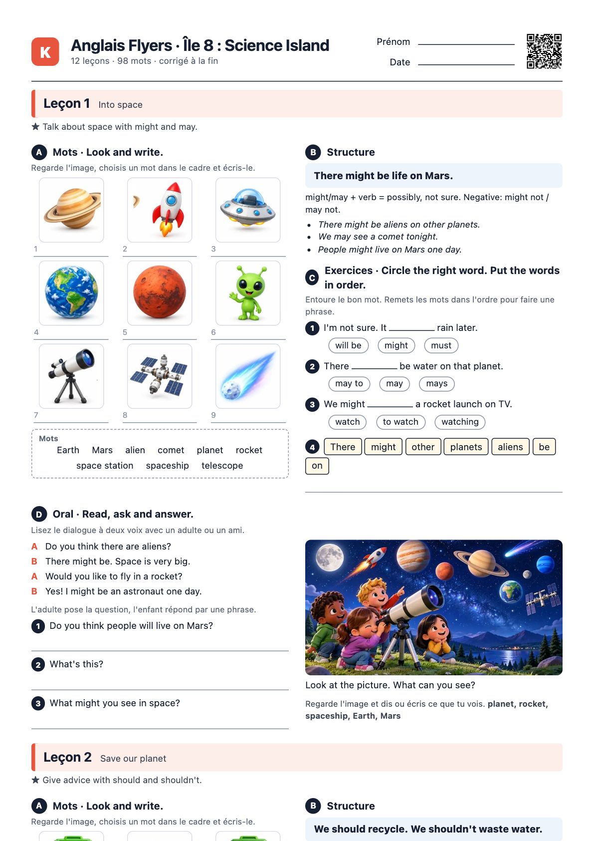 Première page du PDF Anglais Flyers · Île 8 : Science Island