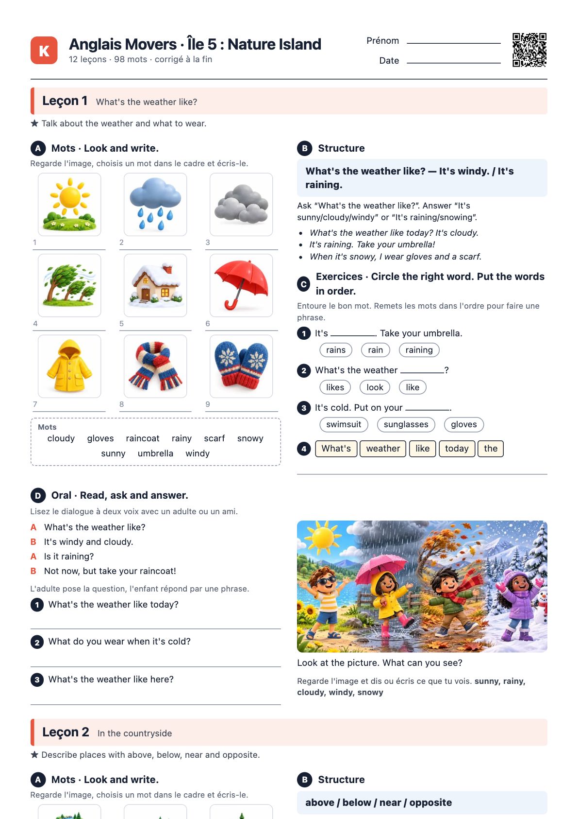 Première page du PDF Anglais Movers · Île 5 : Nature Island