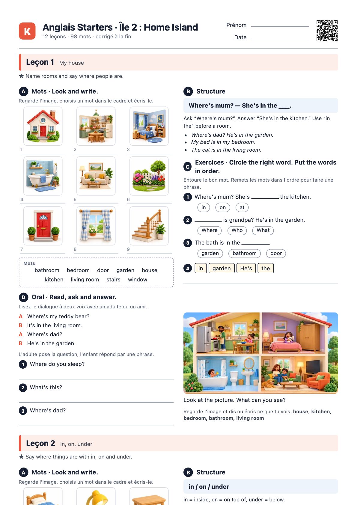 Première page du PDF Anglais Starters · Île 2 : Home Island