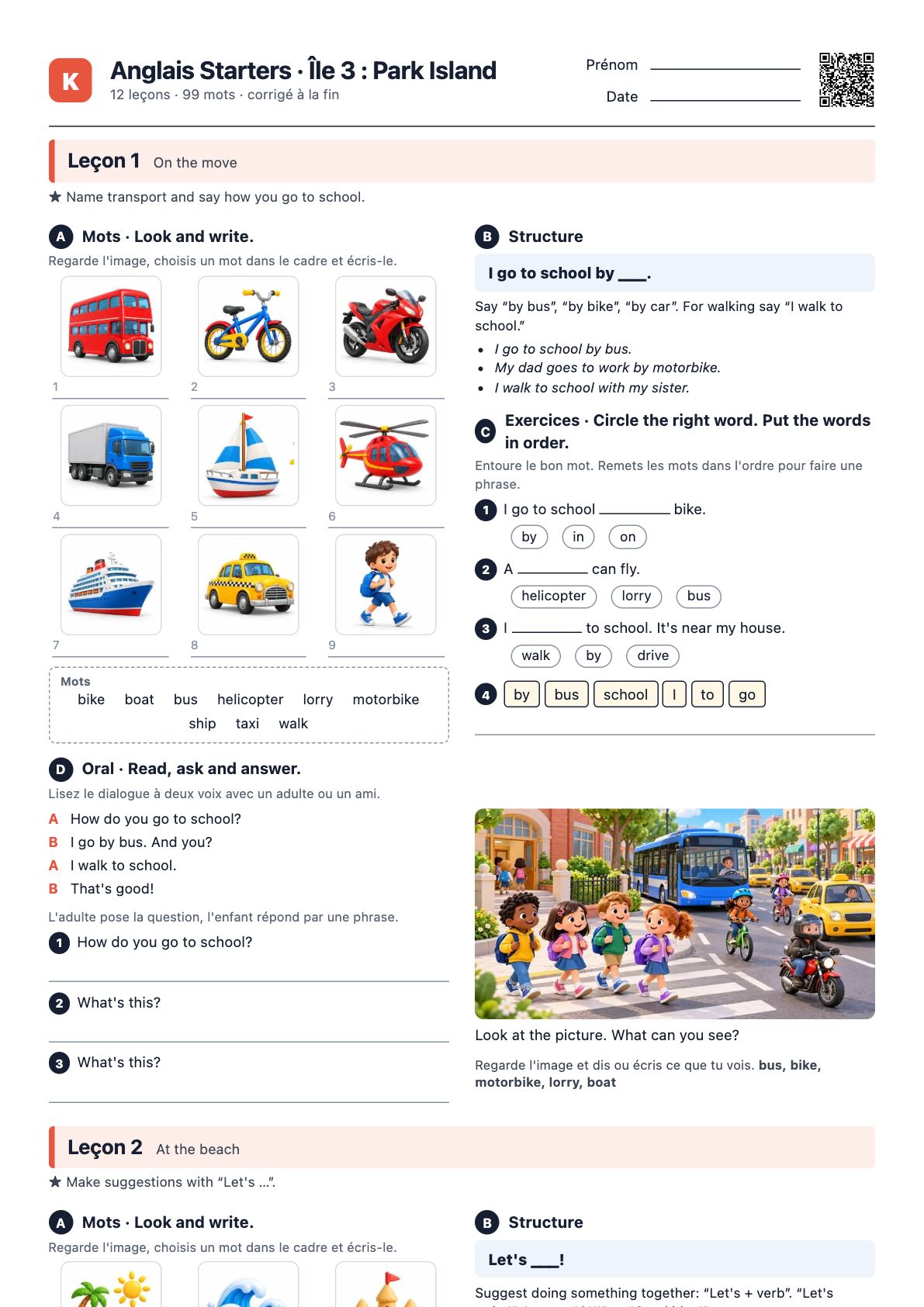 Première page du PDF Anglais Starters · Île 3 : Park Island