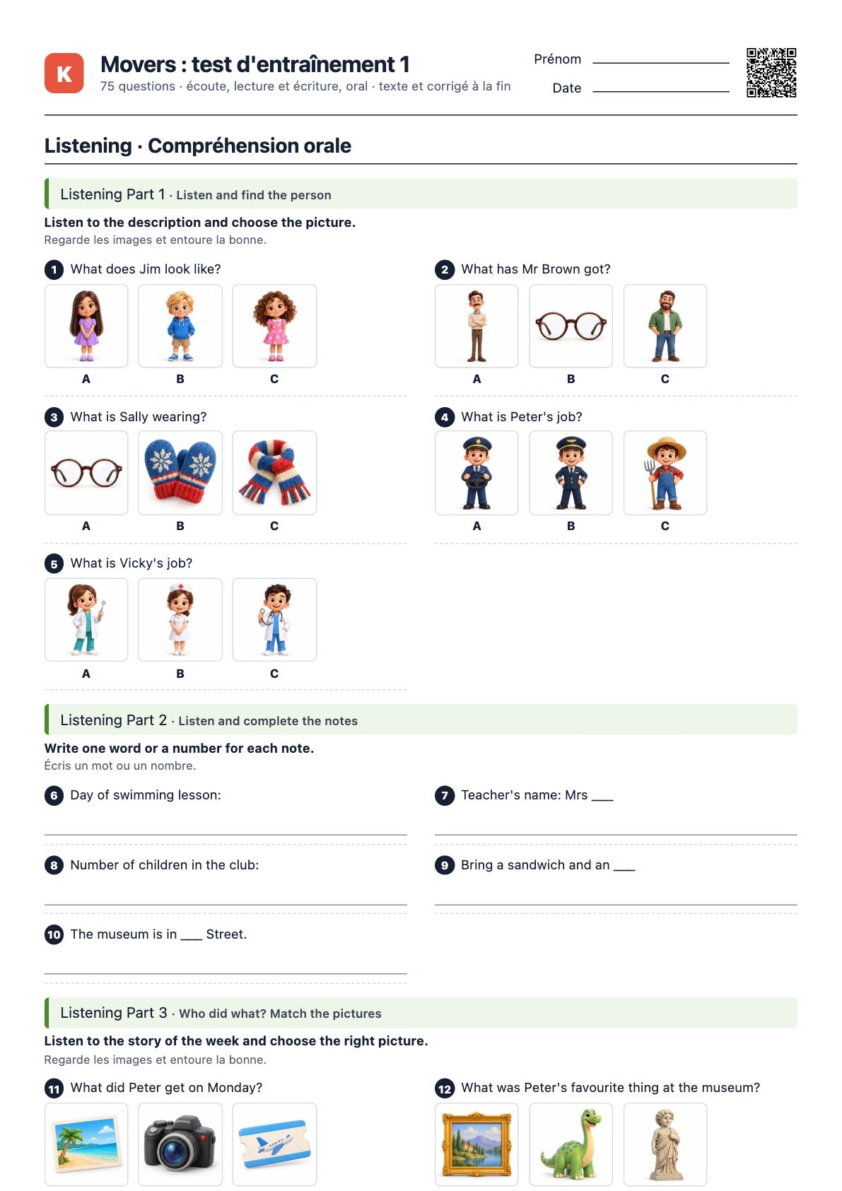 Première page du PDF Movers : test d'entraînement 1