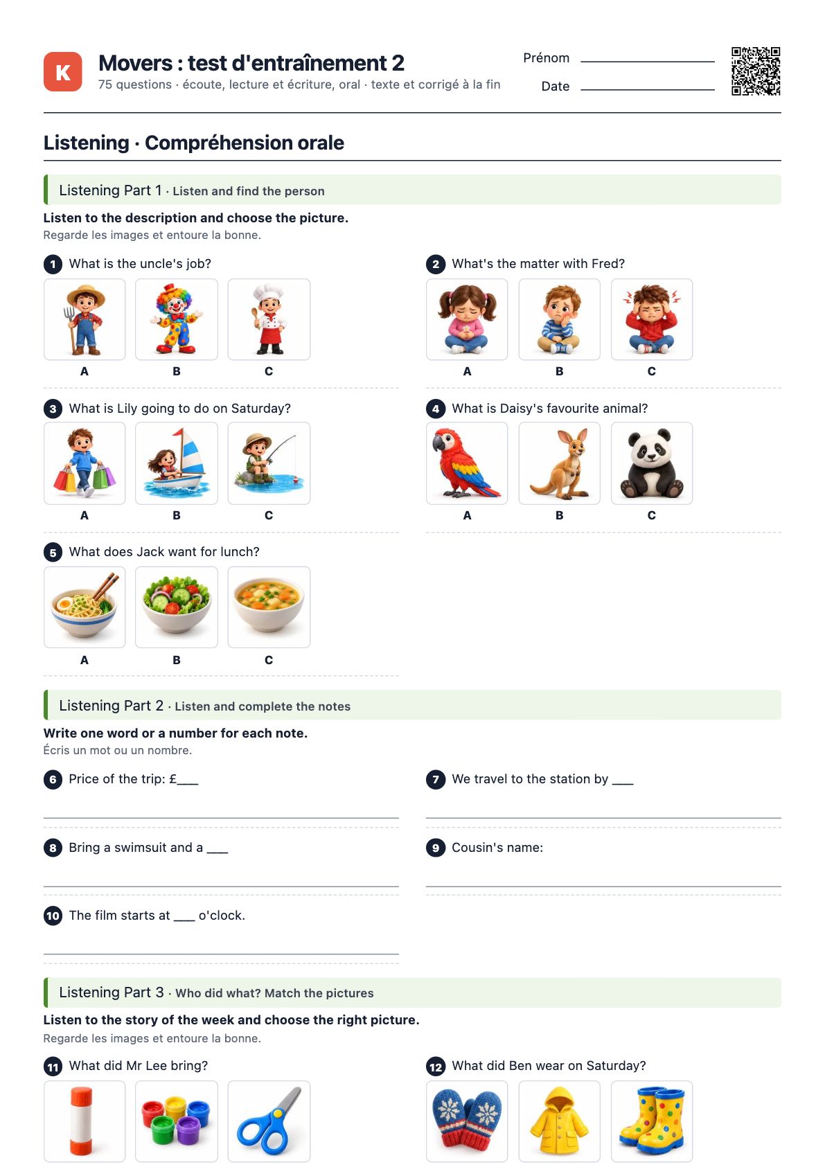 Première page du PDF Movers : test d'entraînement 2