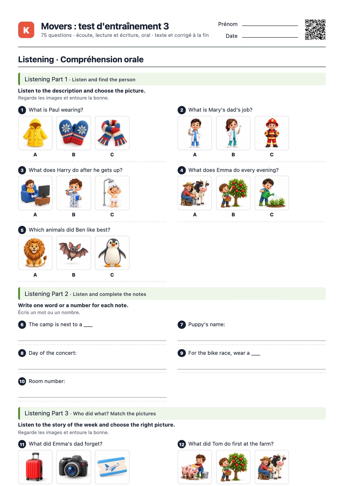 Première page du PDF Movers : test d'entraînement 3