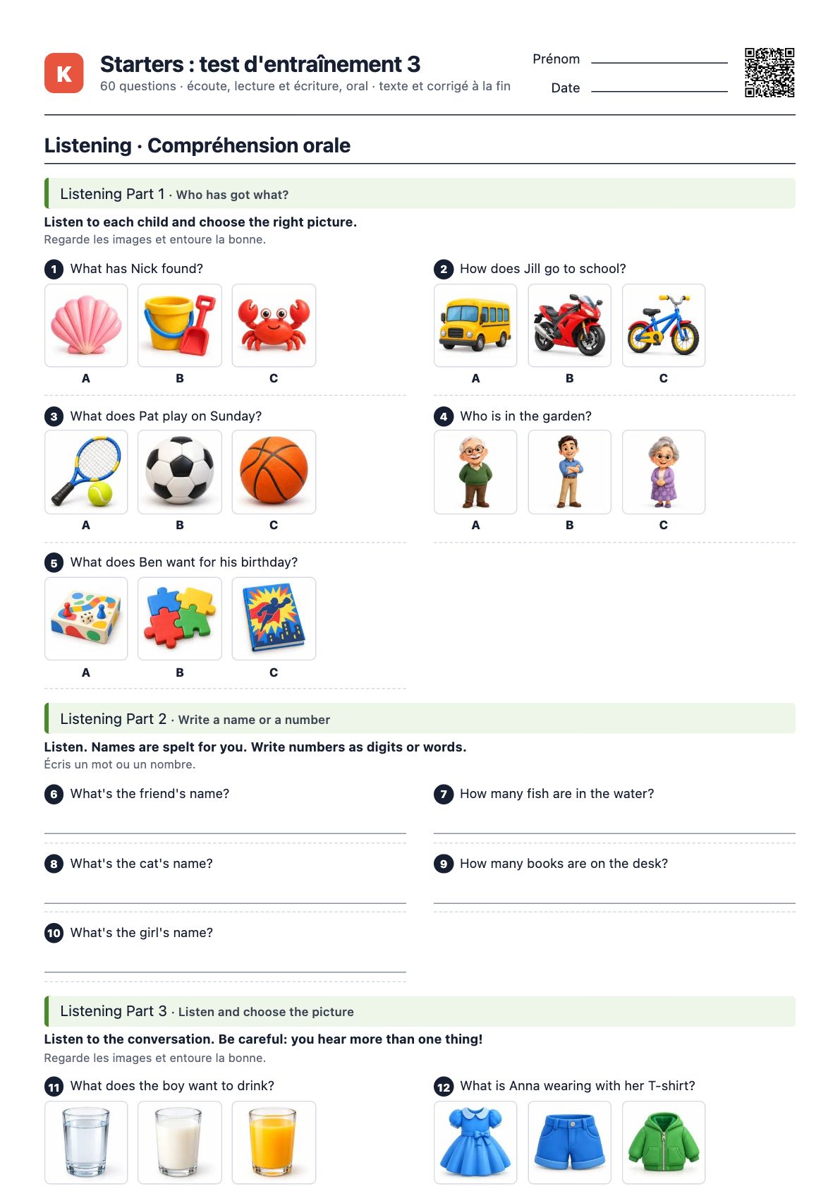 Première page du PDF Starters : test d'entraînement 3