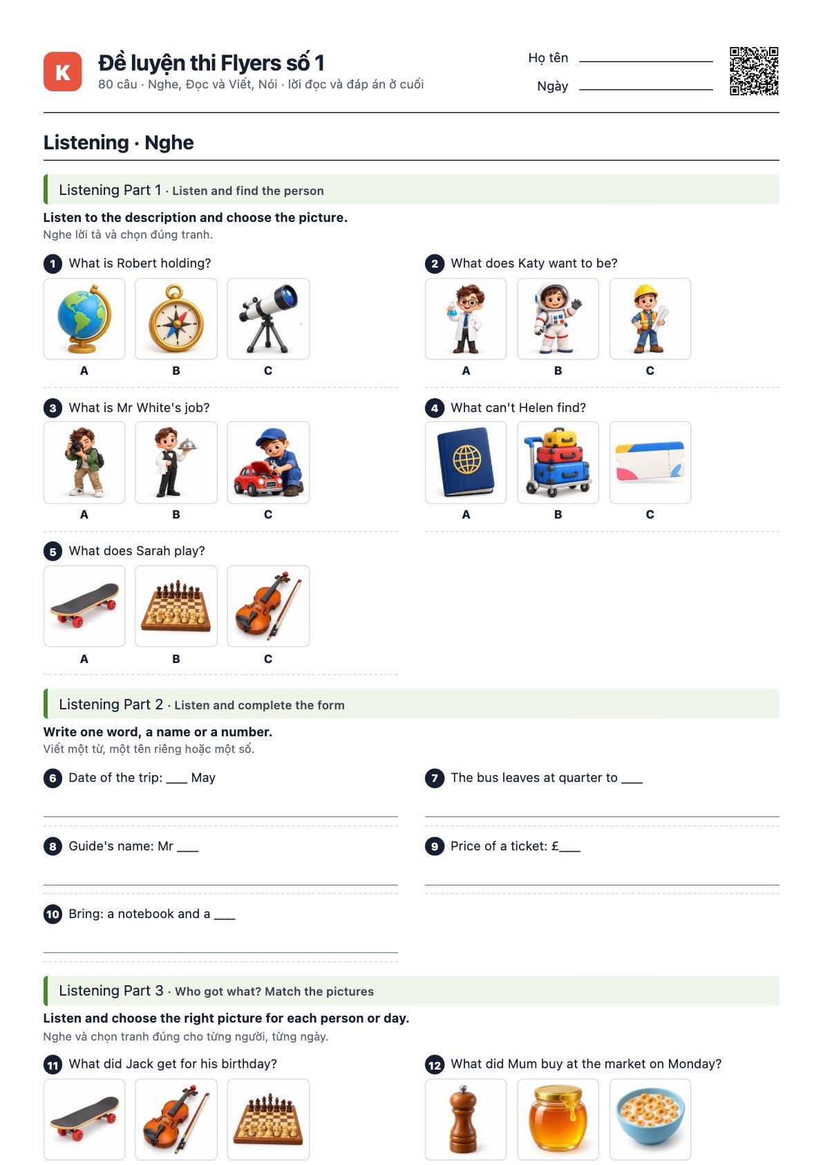 Trang đầu của file PDF Đề luyện thi Flyers số 1