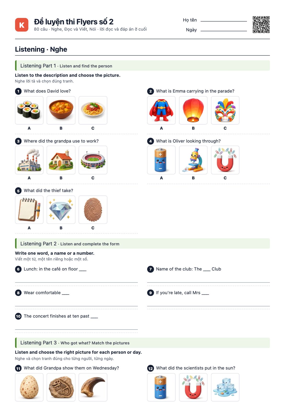 Trang đầu của file PDF Đề luyện thi Flyers số 2