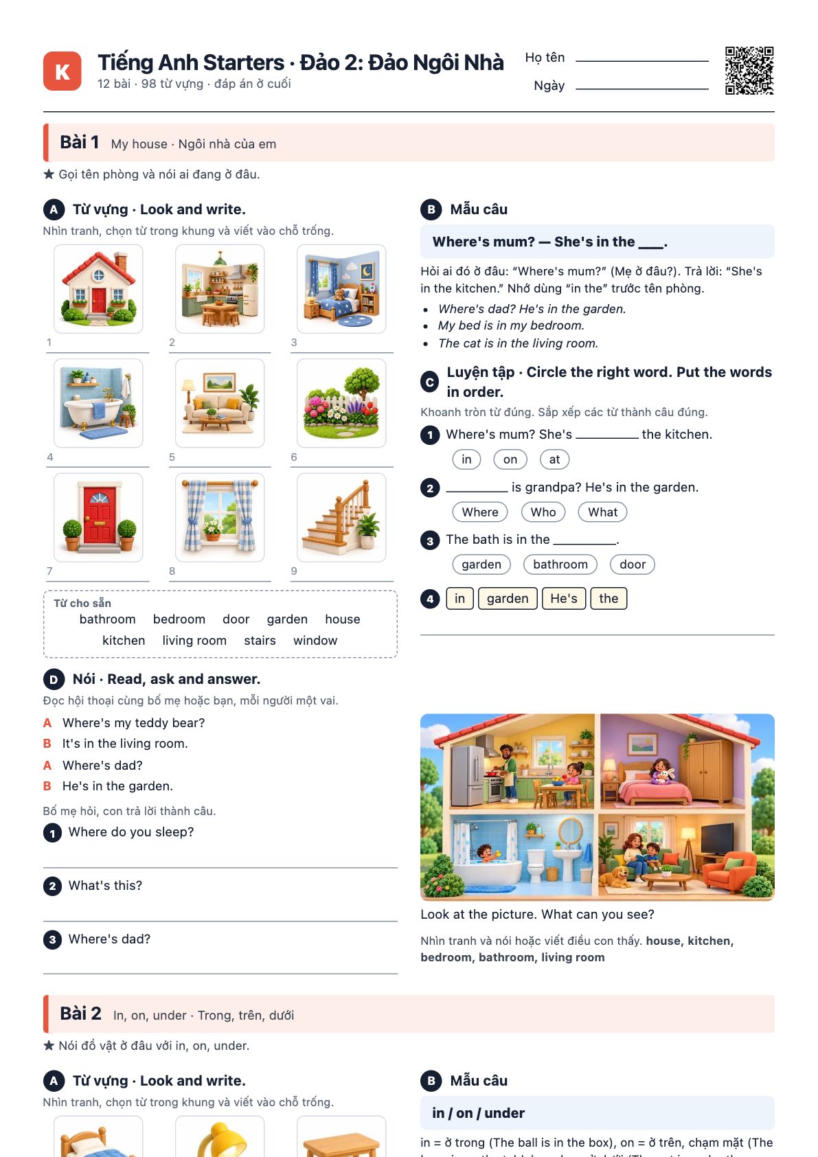 Trang đầu của file PDF Tiếng Anh Starters · Đảo 2: Đảo Ngôi Nhà