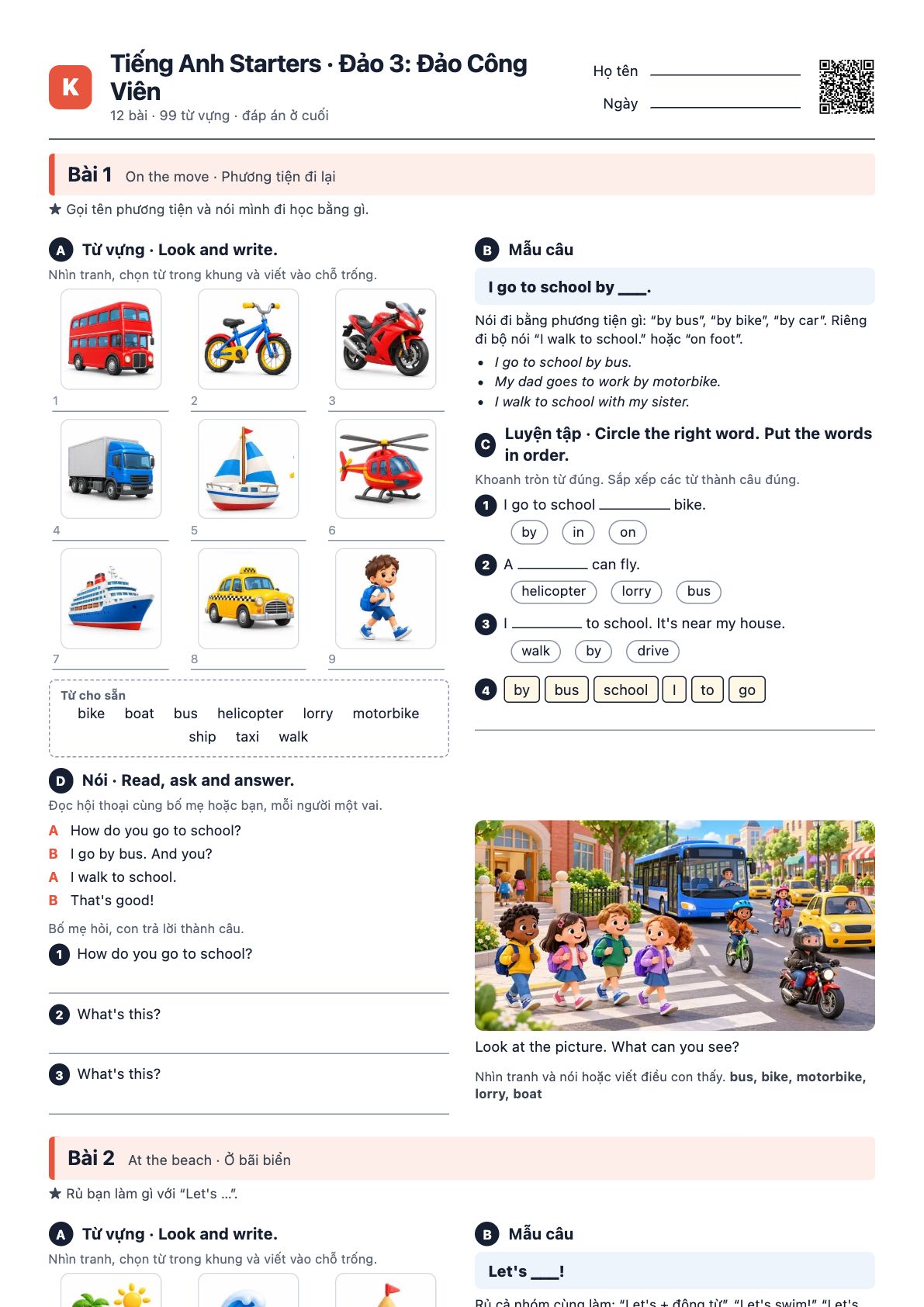 Trang đầu của file PDF Tiếng Anh Starters · Đảo 3: Đảo Công Viên