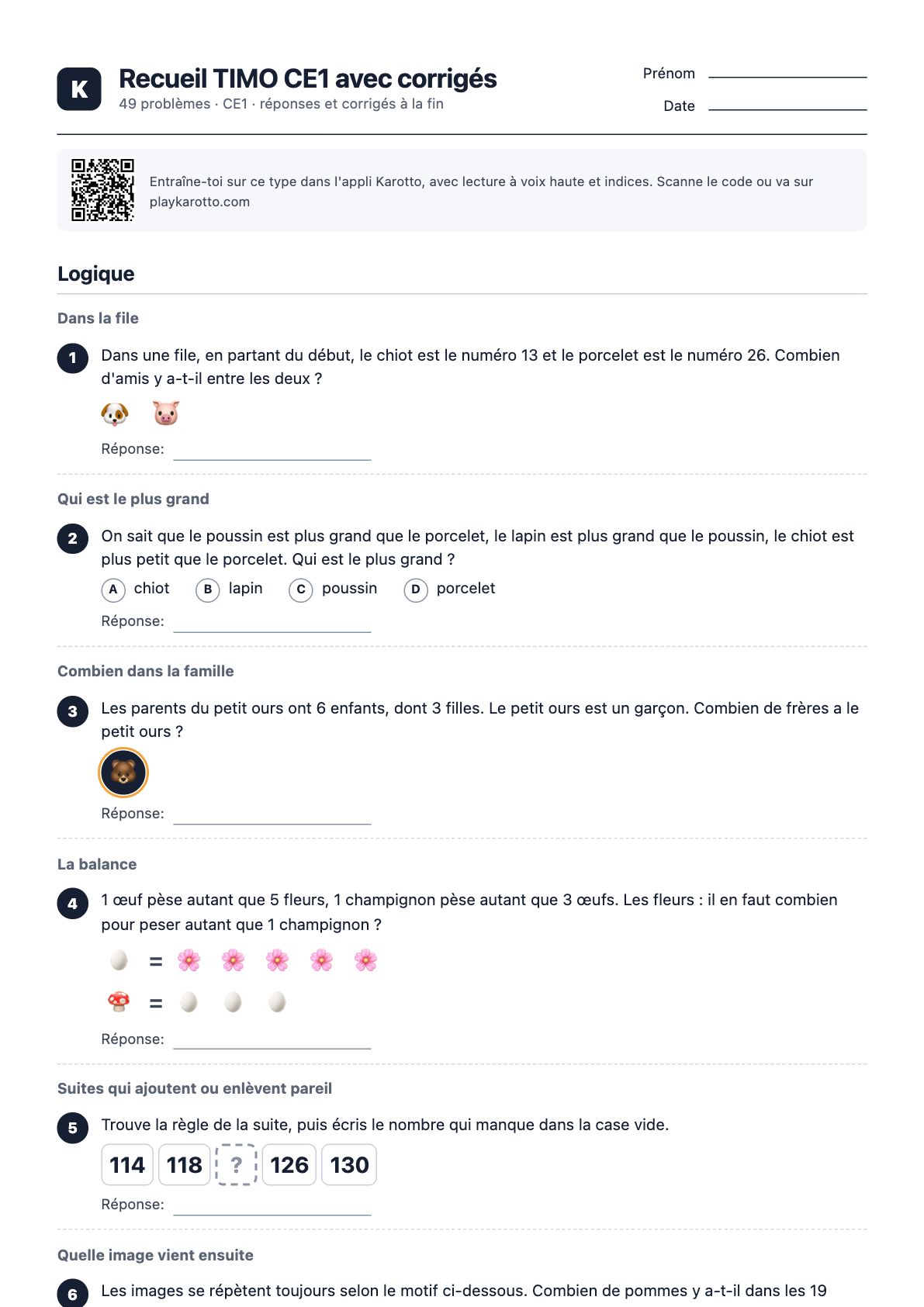 Première page du PDF Recueil TIMO CE1 avec corrigés