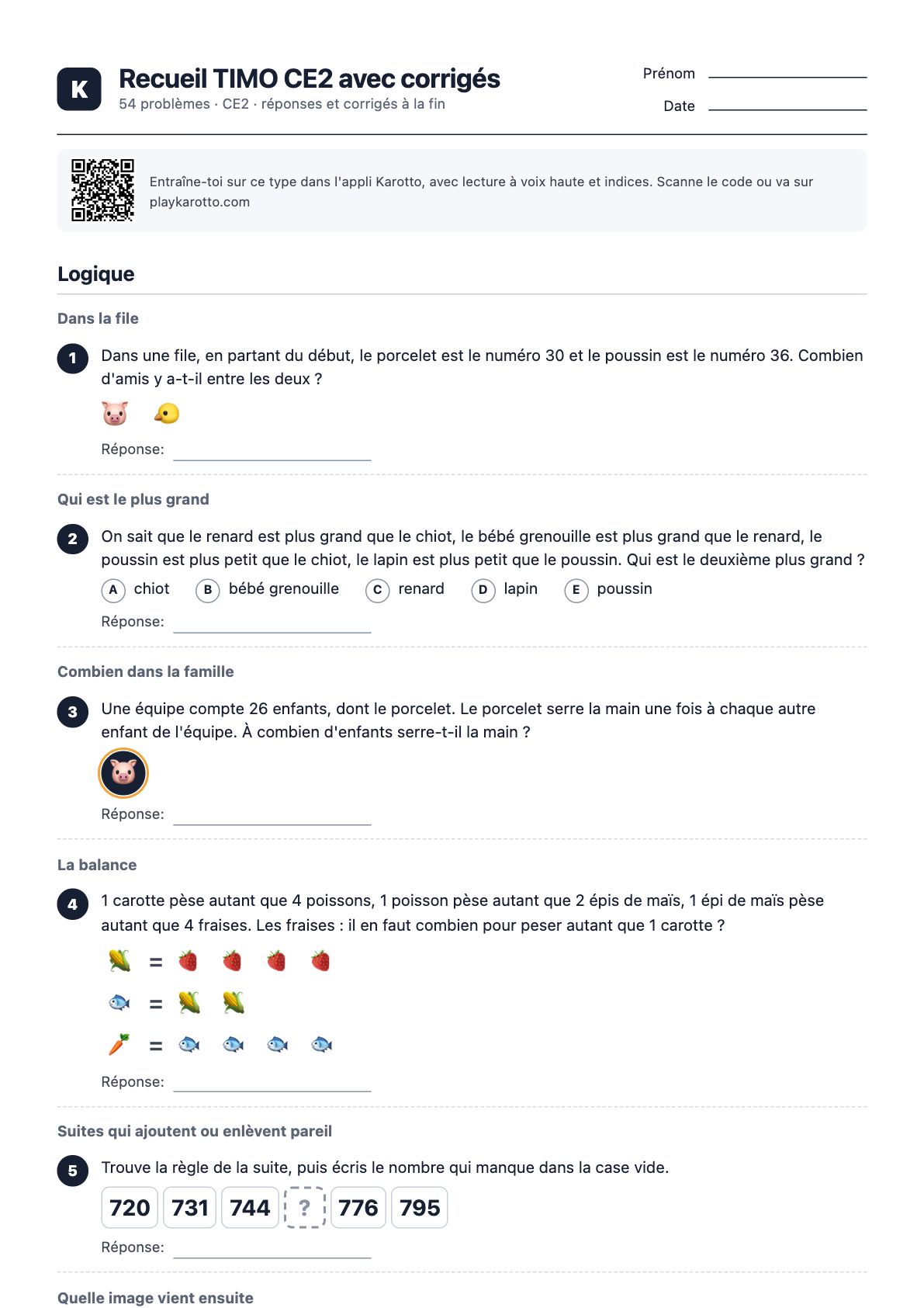 Première page du PDF Recueil TIMO CE2 avec corrigés